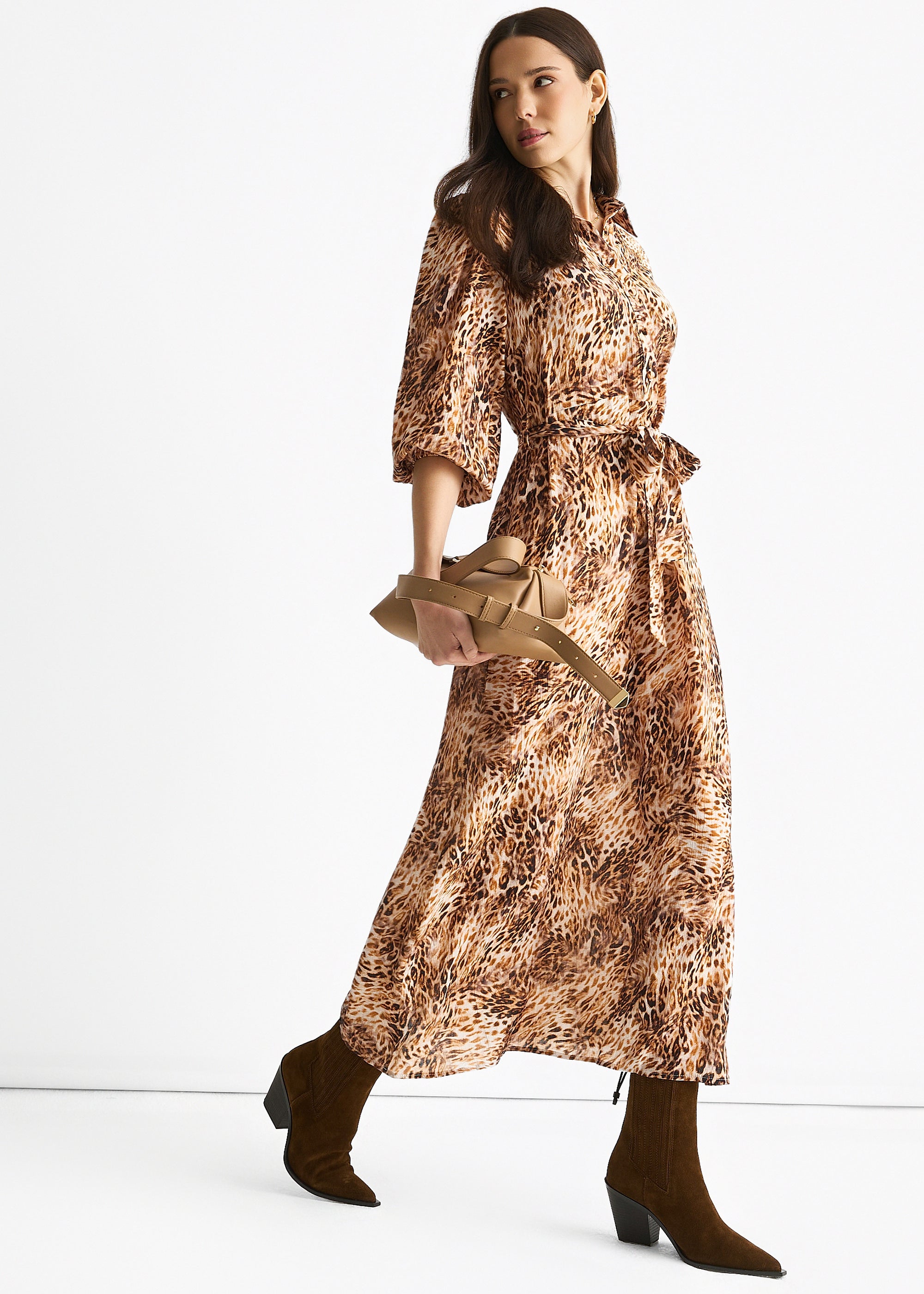 Brown Animal Printed Shirt Midi Dress