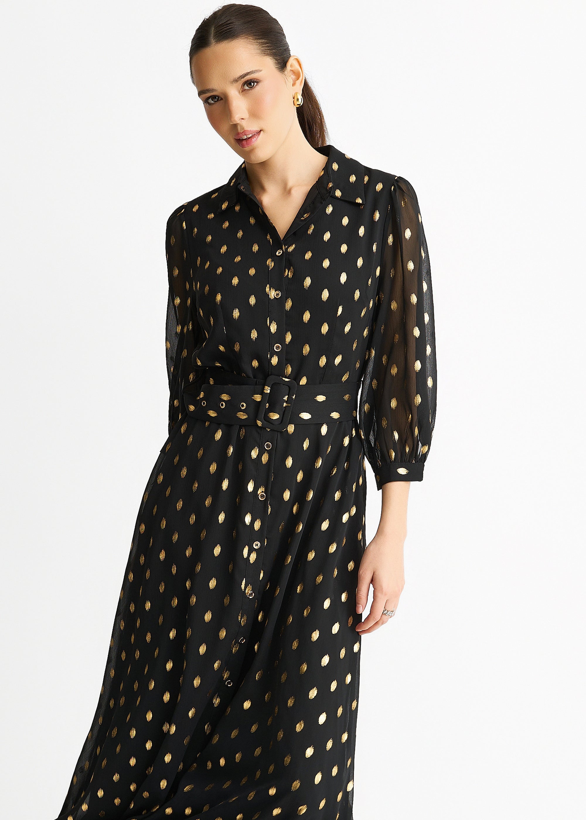 Black Chiffon Foil Belted Maxi Shirt Dress
