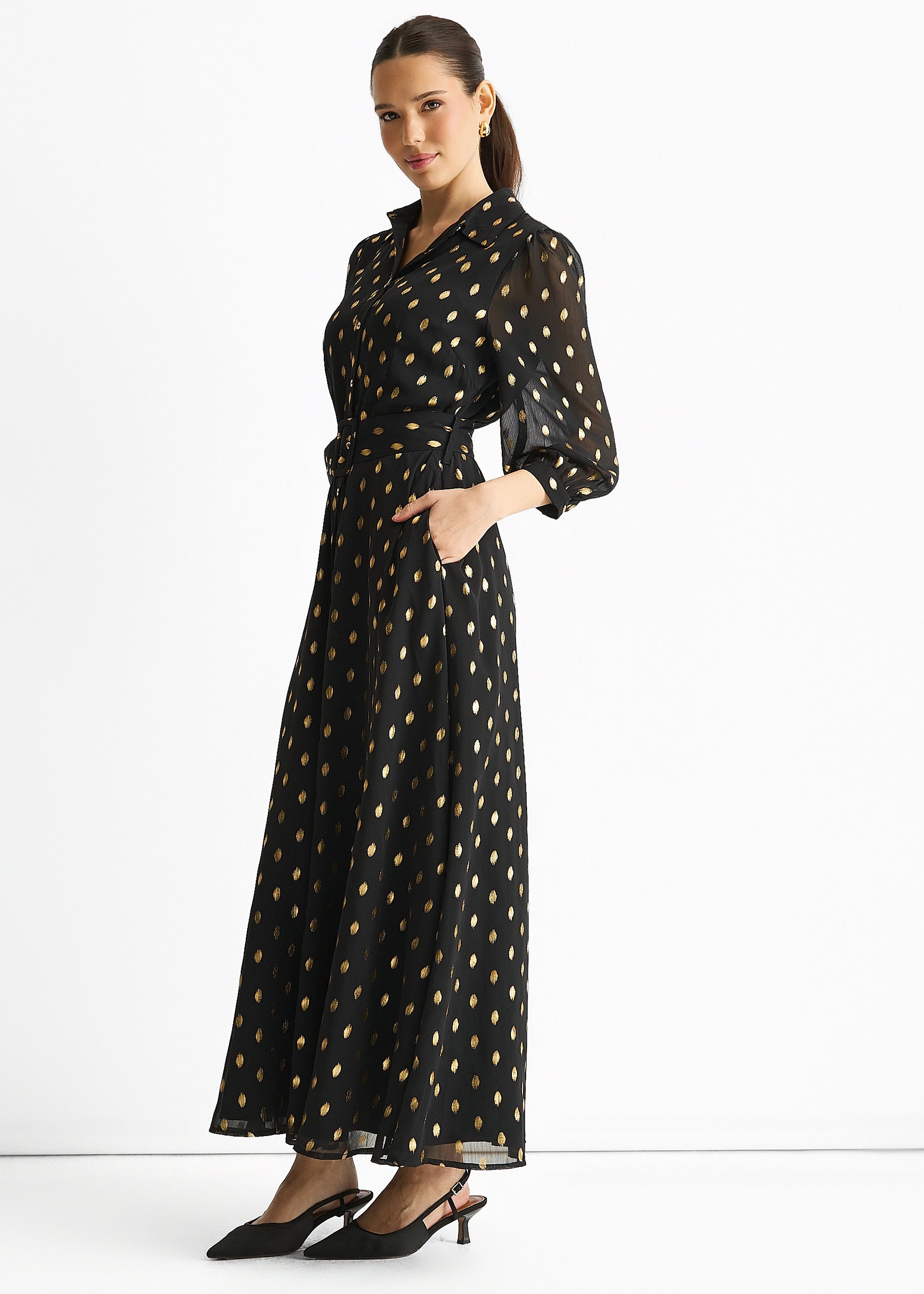 Black Chiffon Foil Belted Maxi Shirt Dress