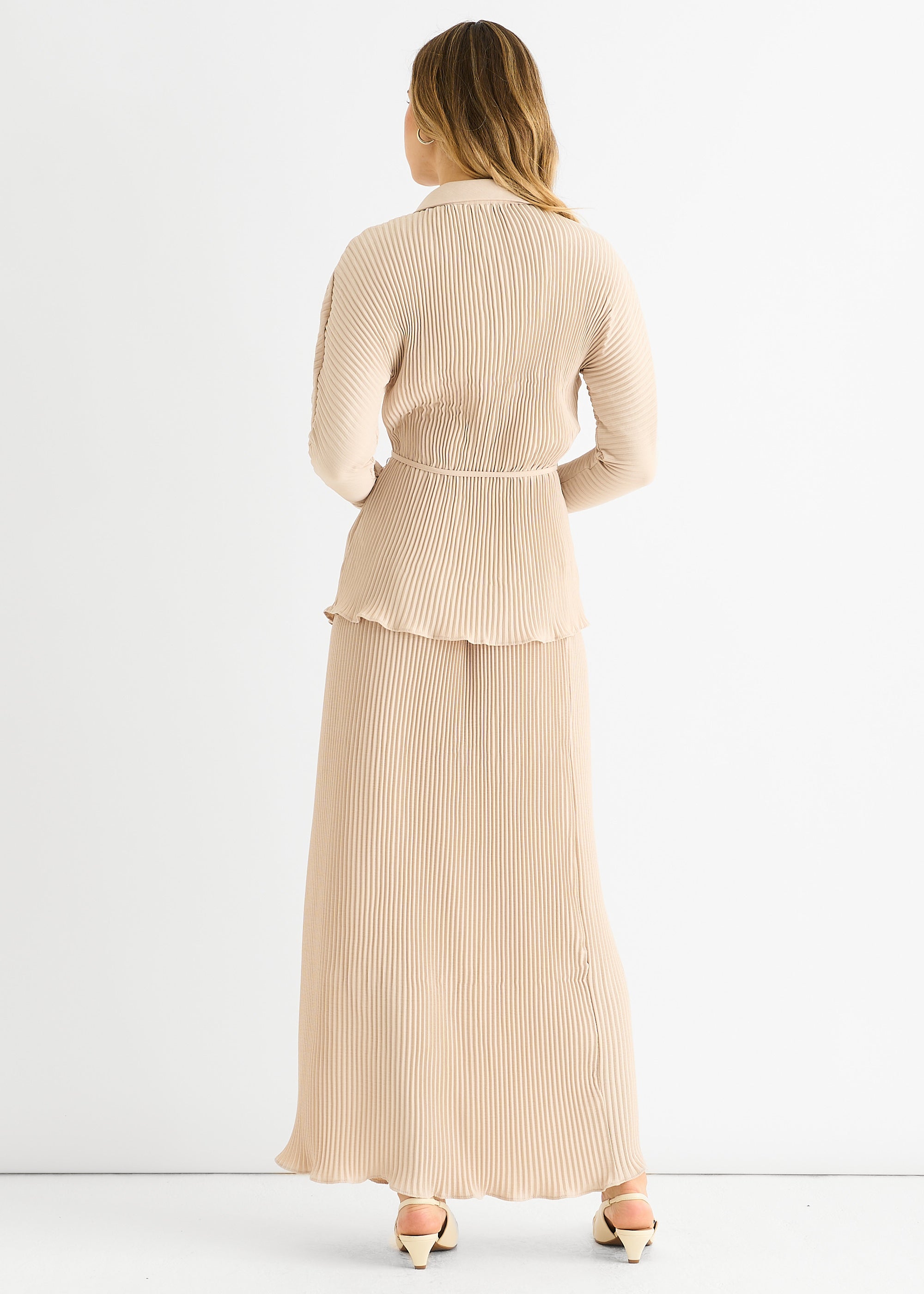 Beige Plisse Elasticated Waist Maxi Skirt