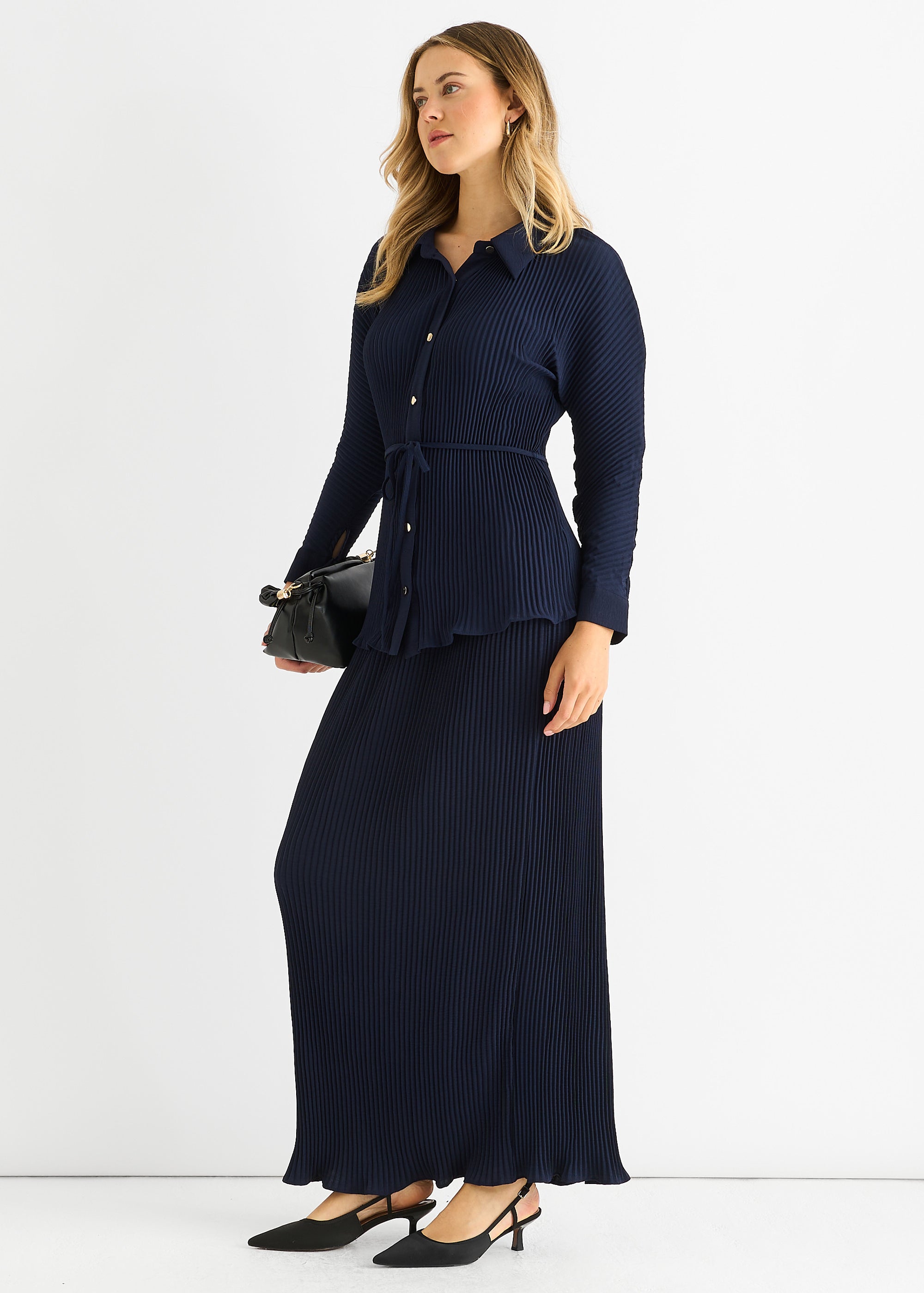 Navy Plisse Button Through Shirt