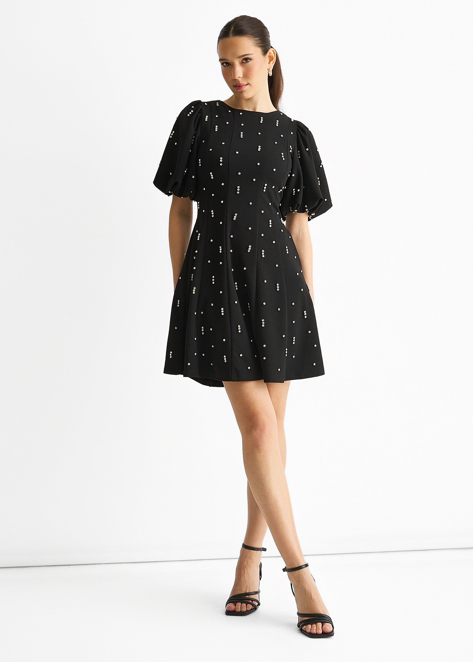 Black Diamante Trim Puff Ball Sleeves Stretchy Mini Dress