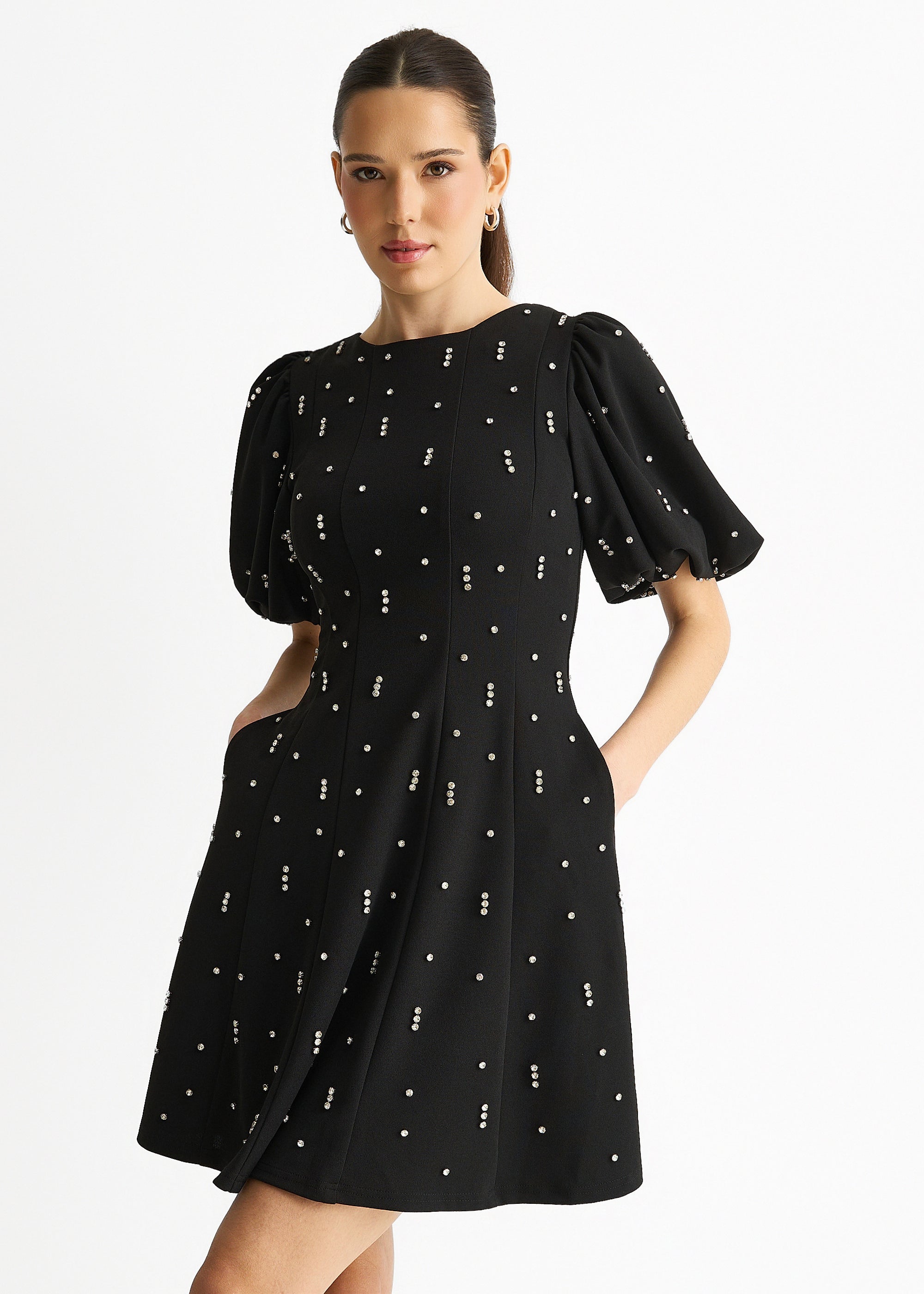 Black Diamante Trim Puff Ball Sleeves Stretchy Mini Dress