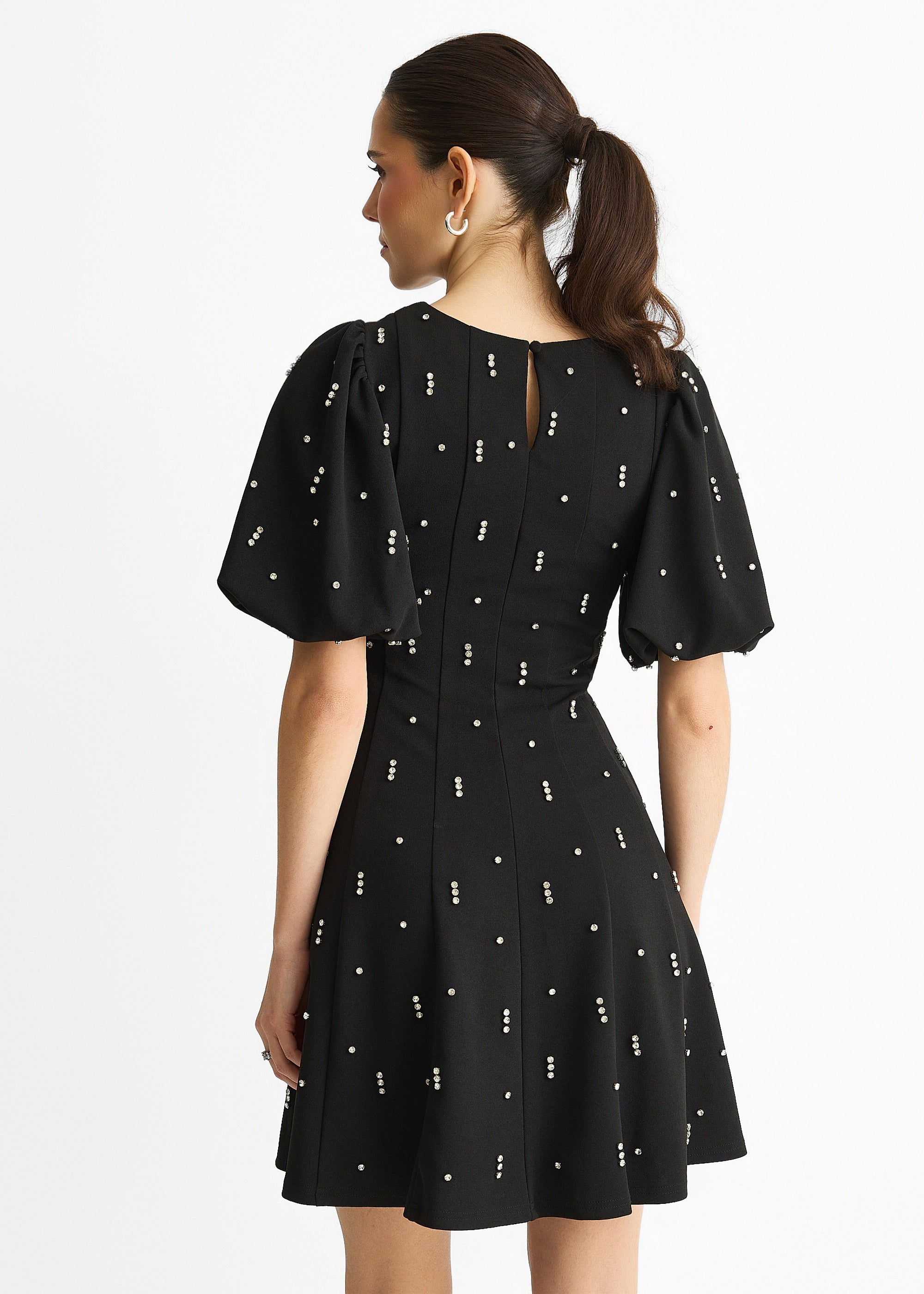 Black Diamante Trim Puff Ball Sleeves Stretchy Mini Dress