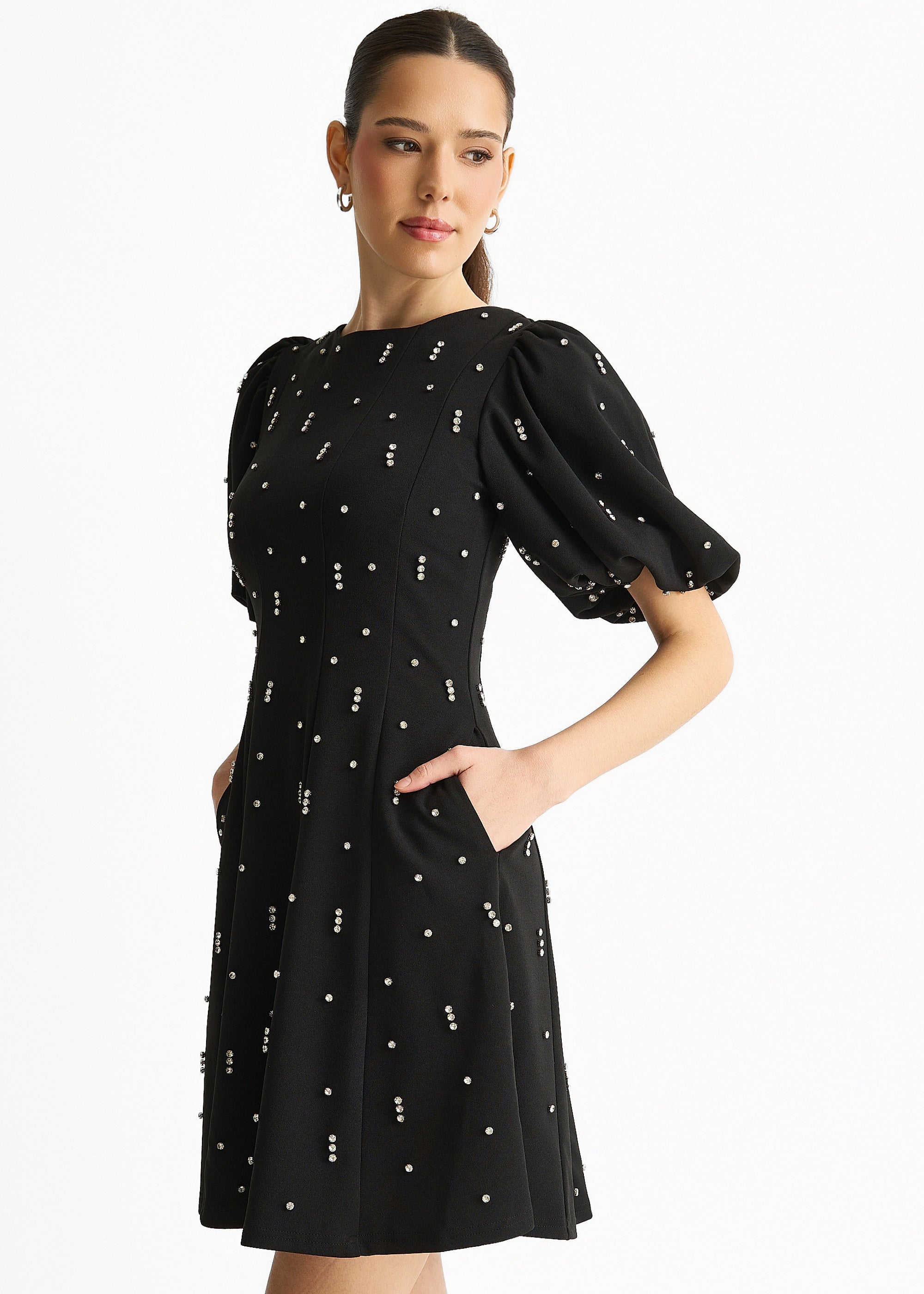 Black Diamante Trim Puff Ball Sleeves Stretchy Mini Dress