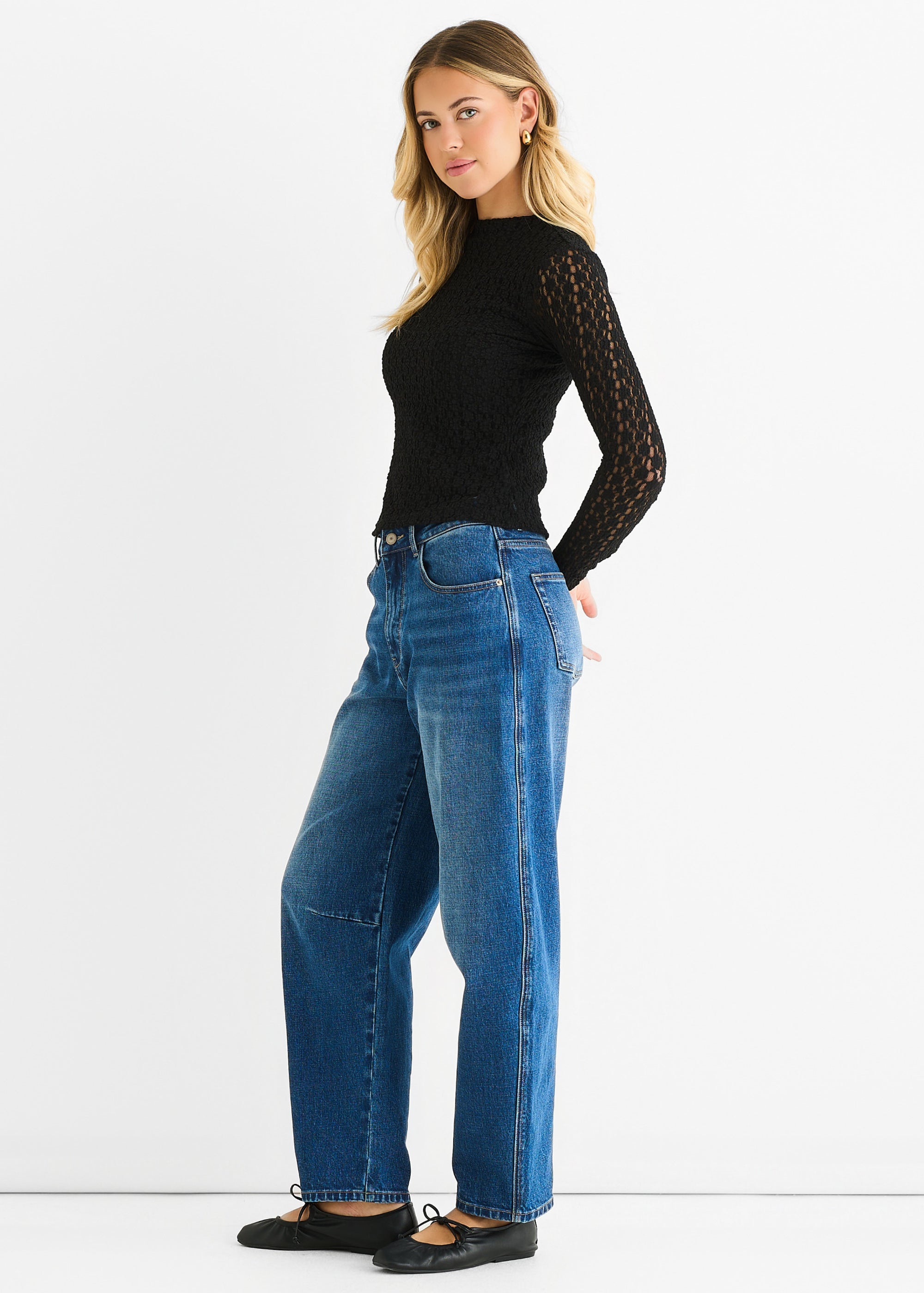 Blue Mid Rise Barrel Leg Jeans