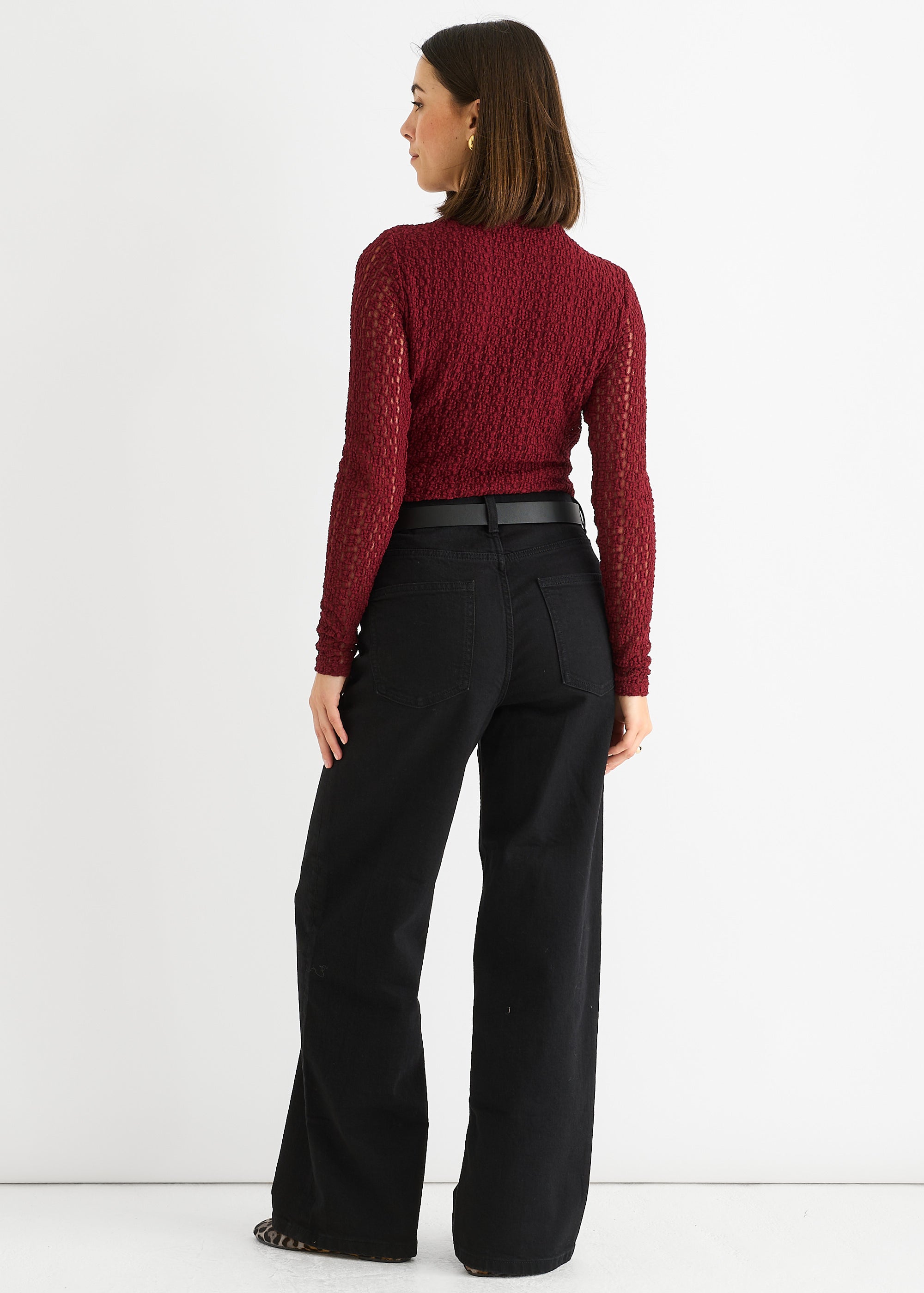 Burgundy High Neck Jersey Lace Long Sleeves Top