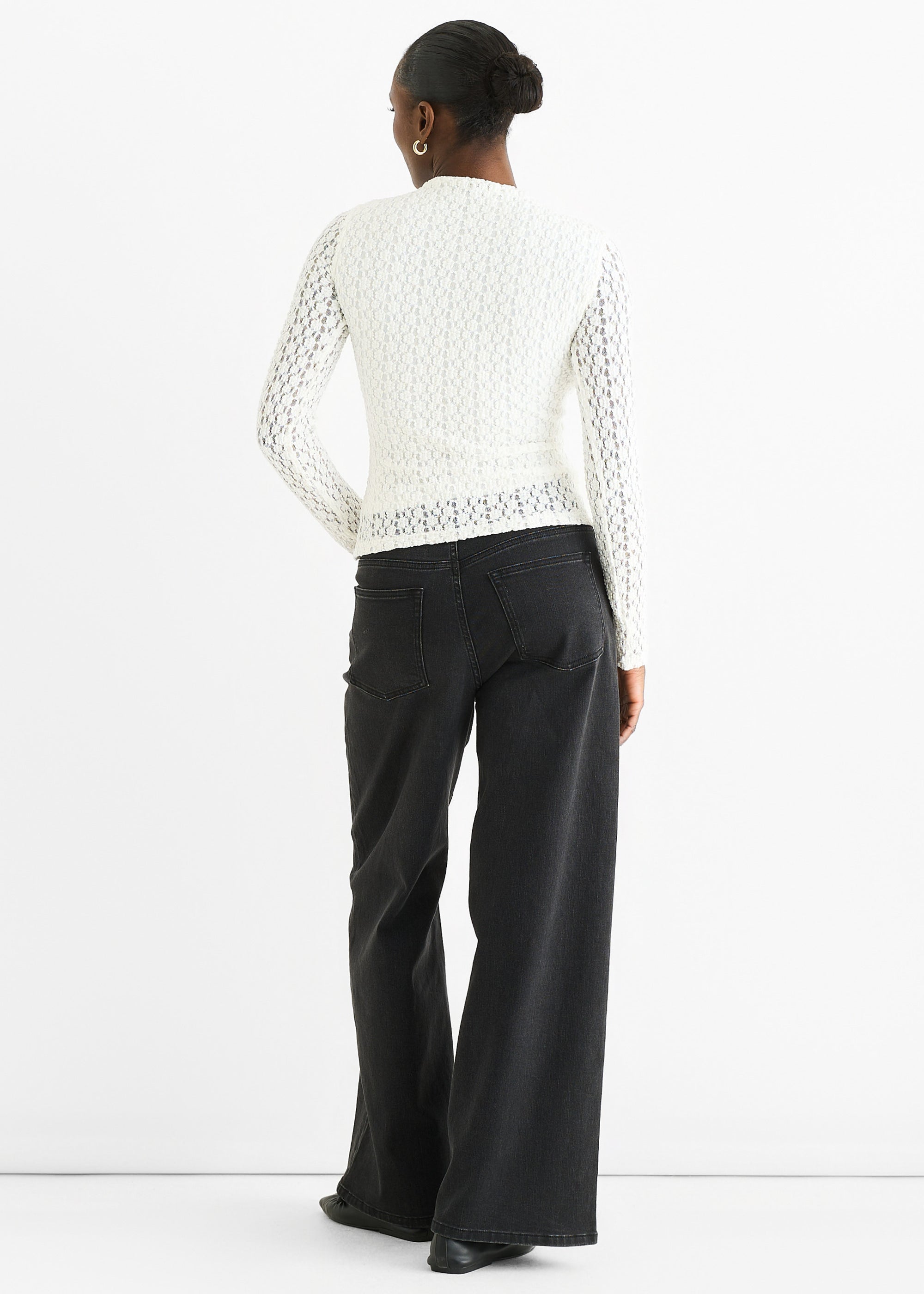 White High Neck Jersey Lace Long Sleeves Top