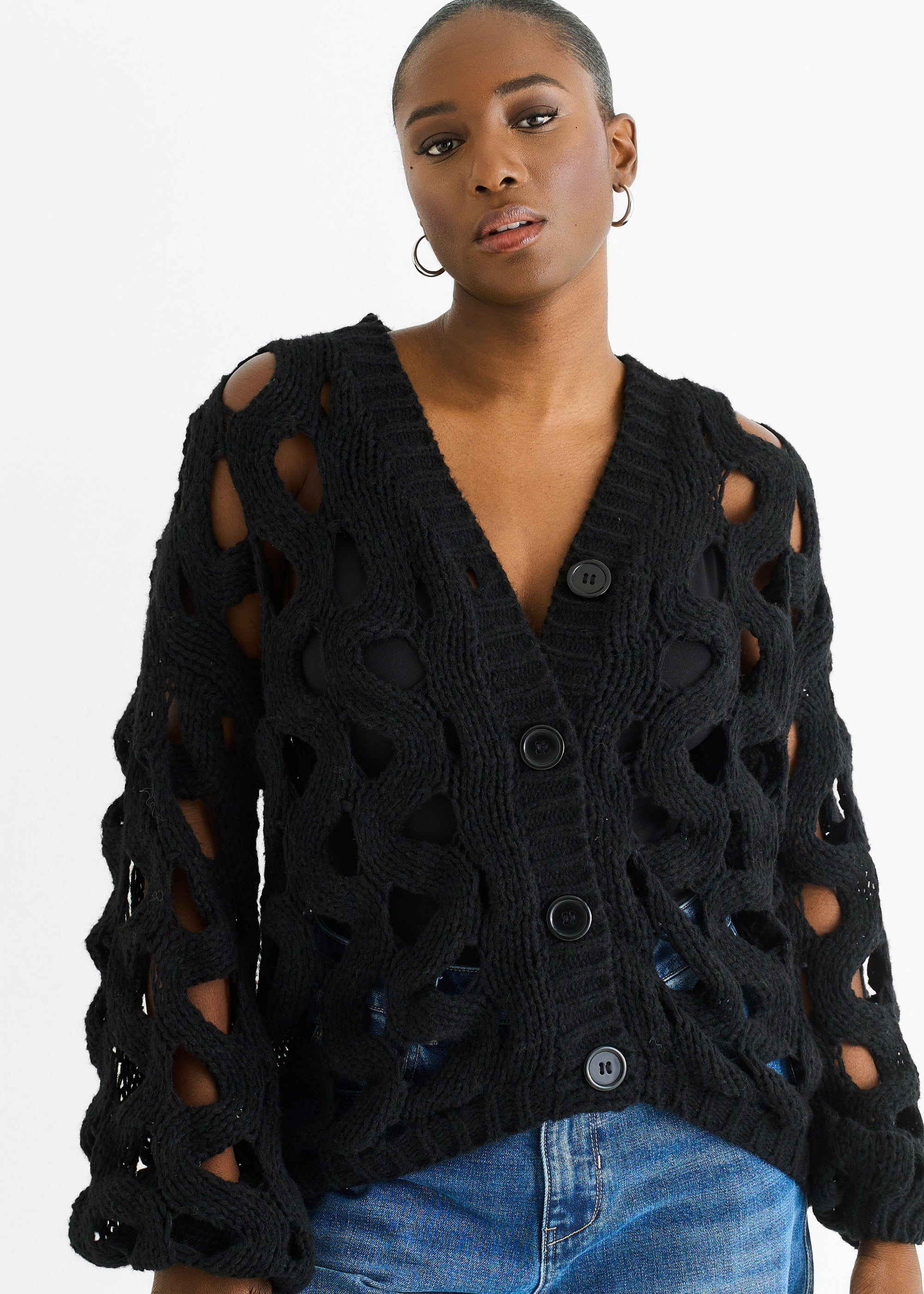 Black Hollow Chunky Knit Cardigan