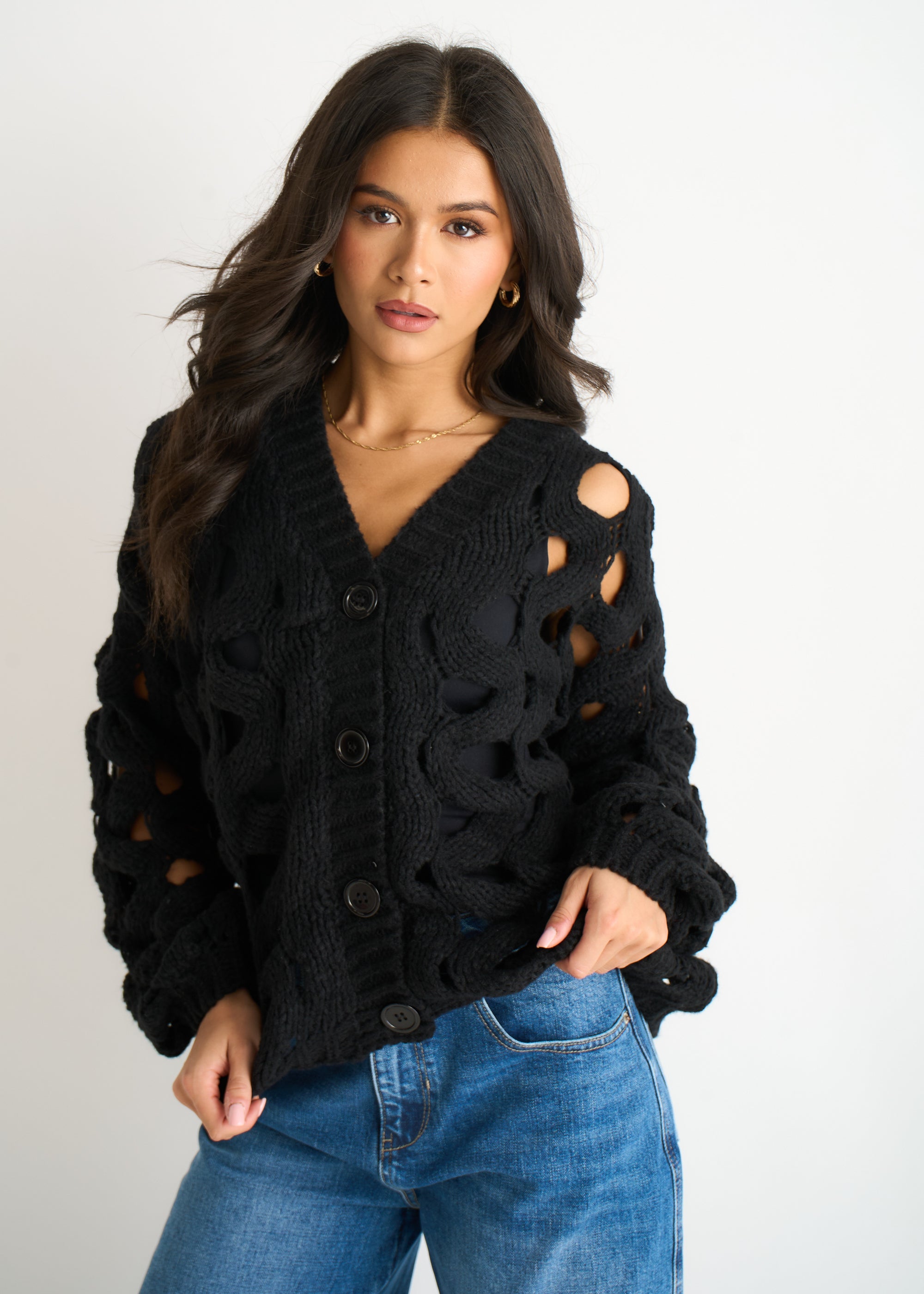 Black Hollow Chunky Knit Cardigan