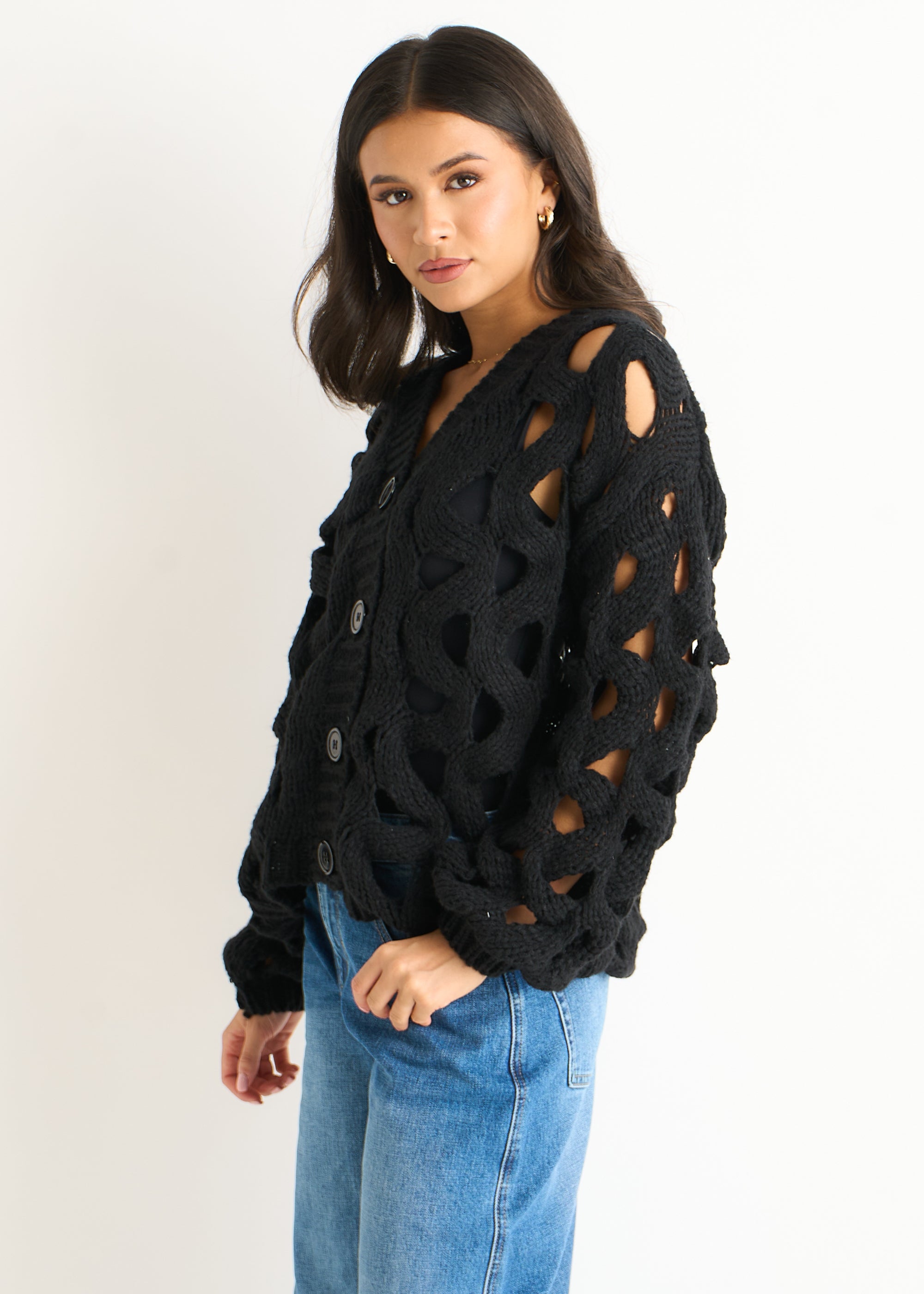 Black Hollow Chunky Knit Cardigan