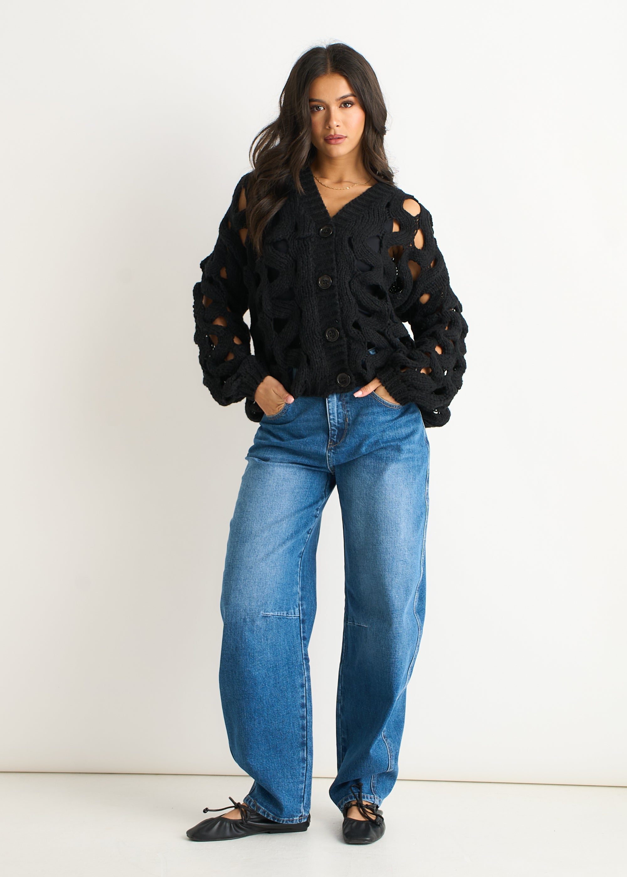 Black Hollow Chunky Knit Cardigan