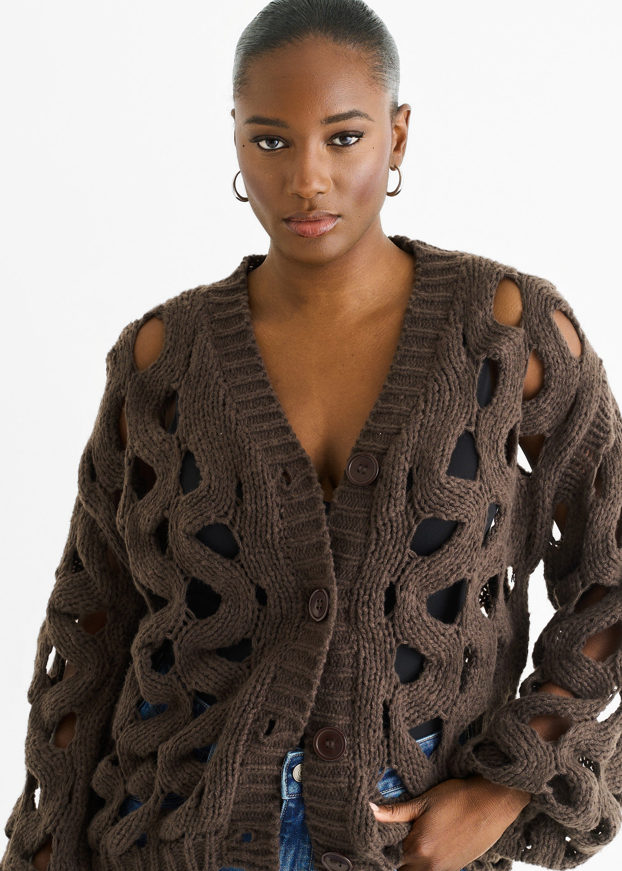 Chocolate Hollow Chunky Knit Cardigan