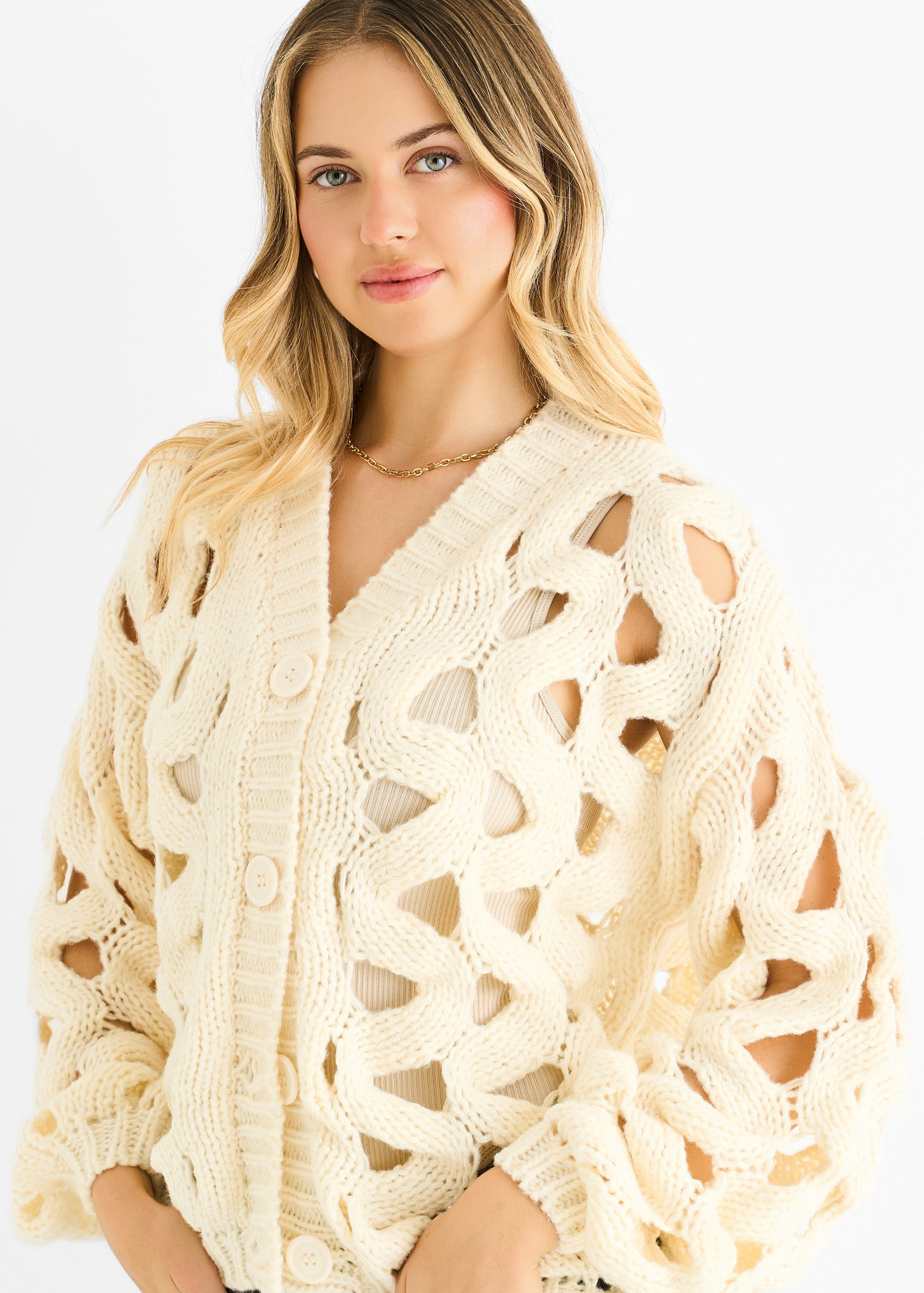Cream Hollow Chunky Knit Cardigan