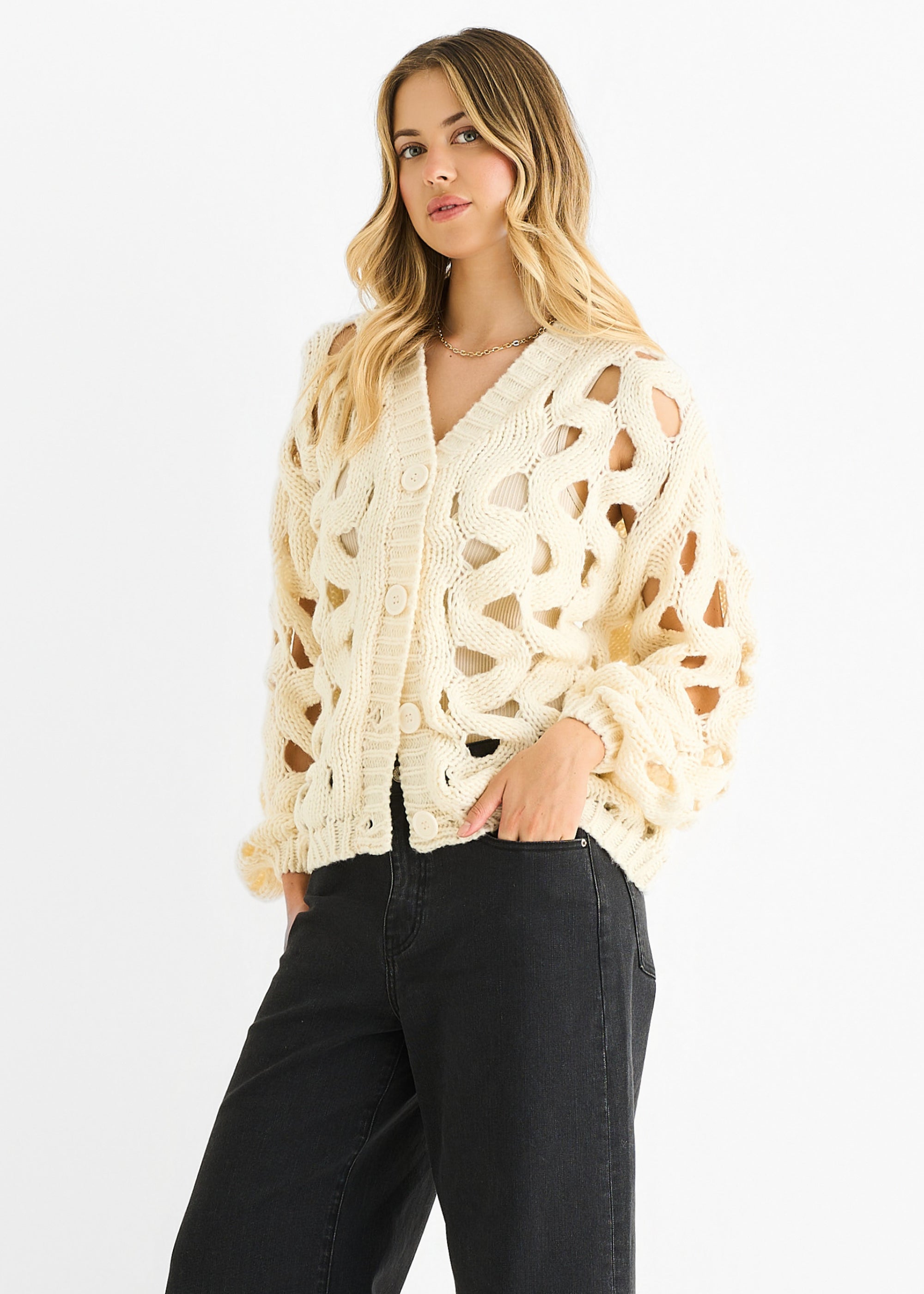 Cream Hollow Chunky Knit Cardigan