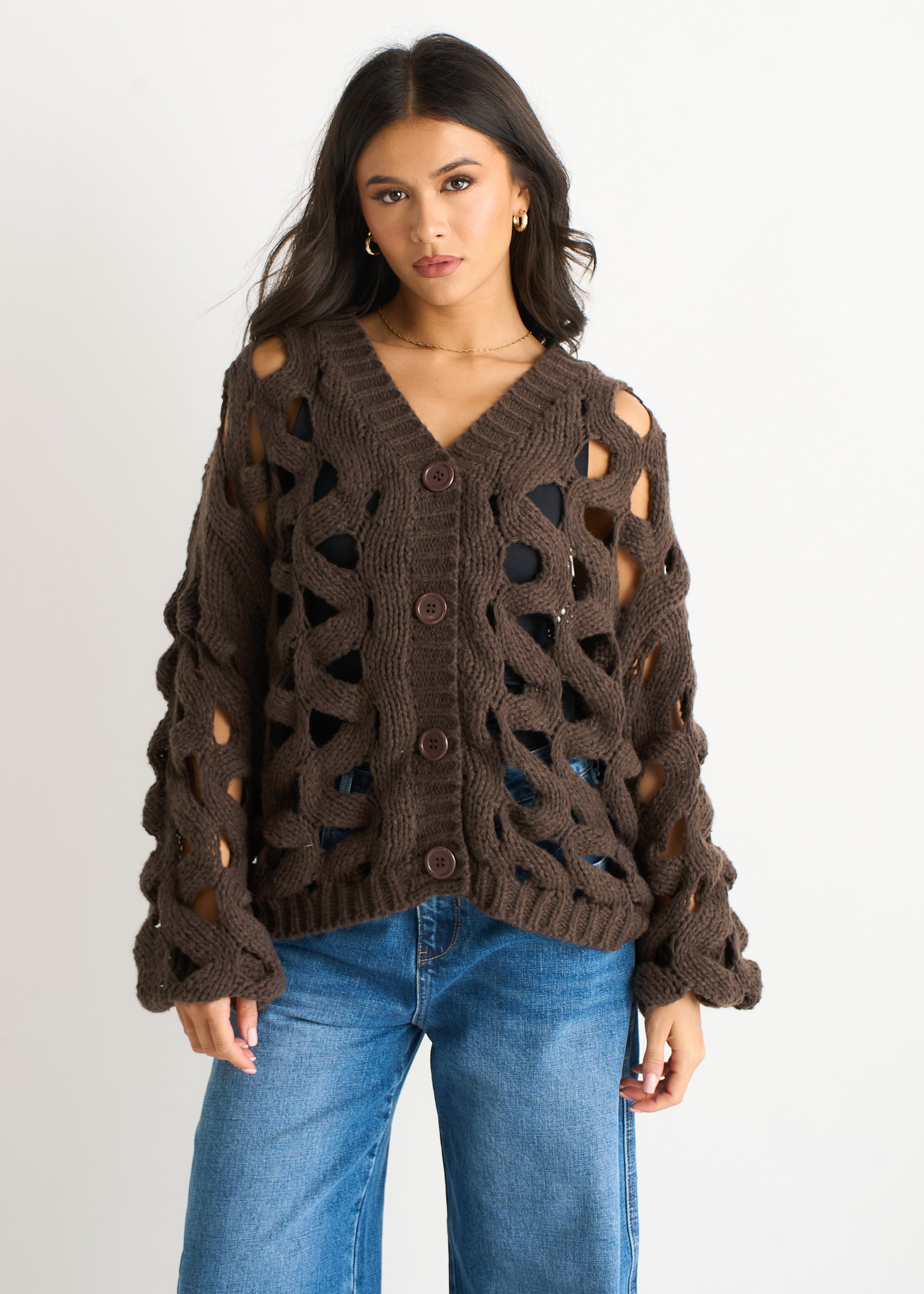 Chocolate Hollow Chunky Knit Cardigan