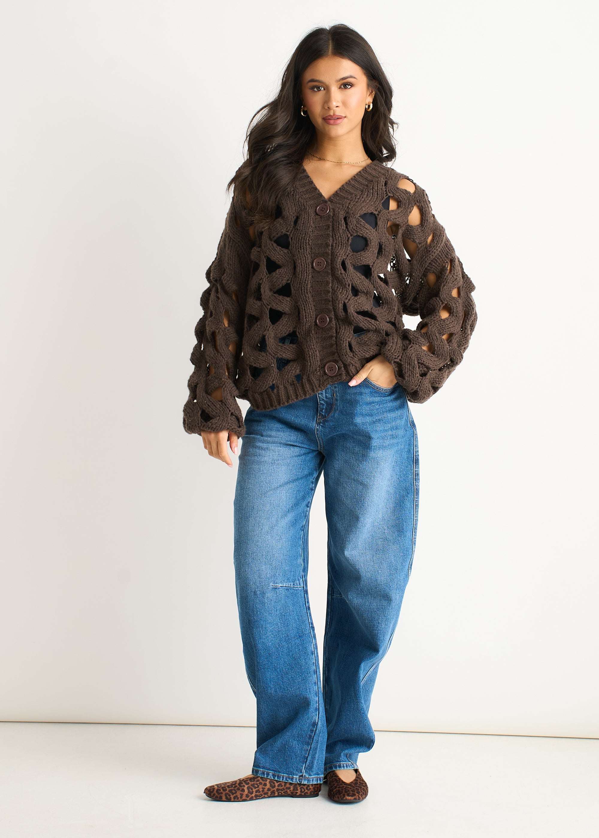Chocolate Hollow Chunky Knit Cardigan