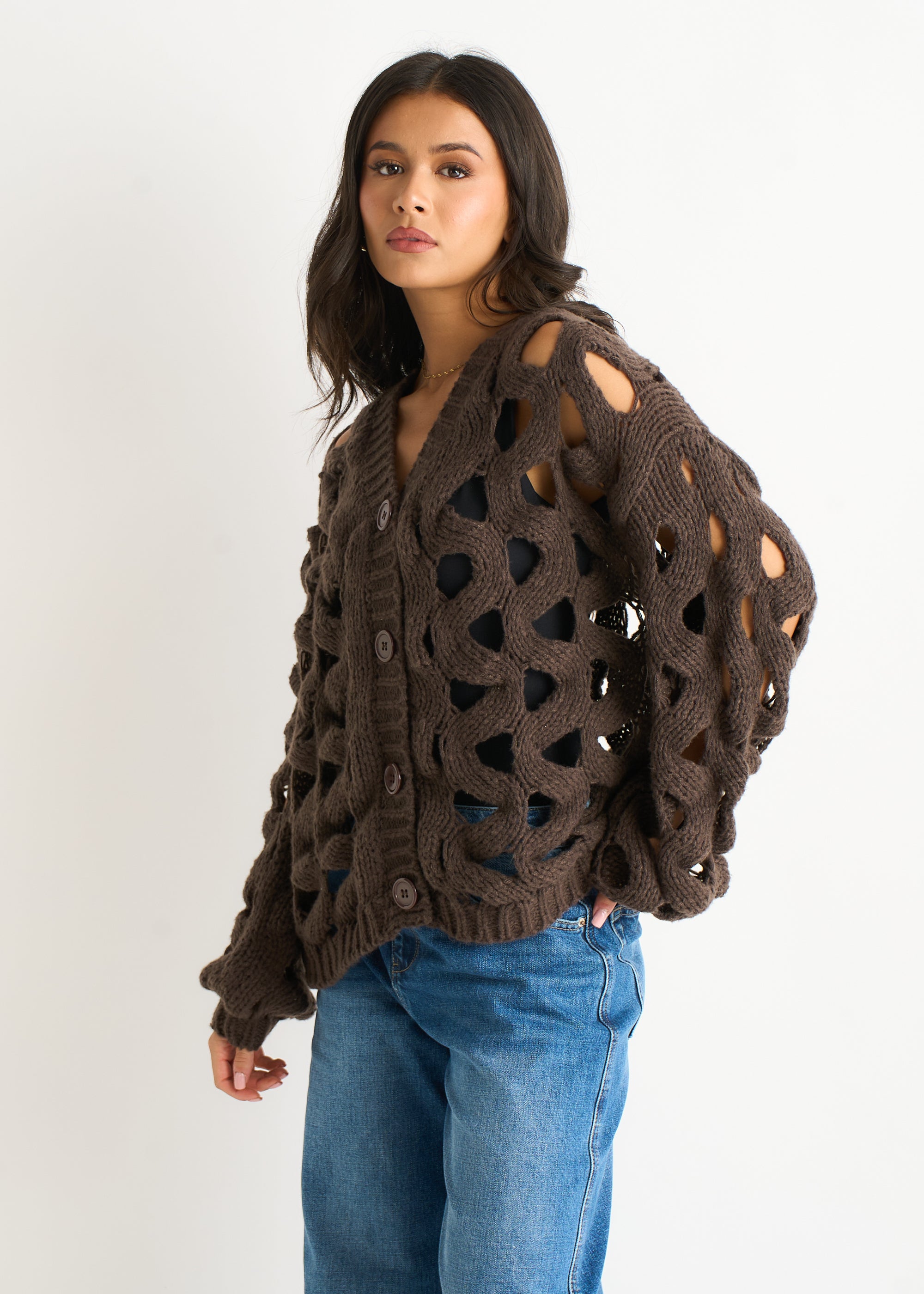 Chocolate Hollow Chunky Knit Cardigan