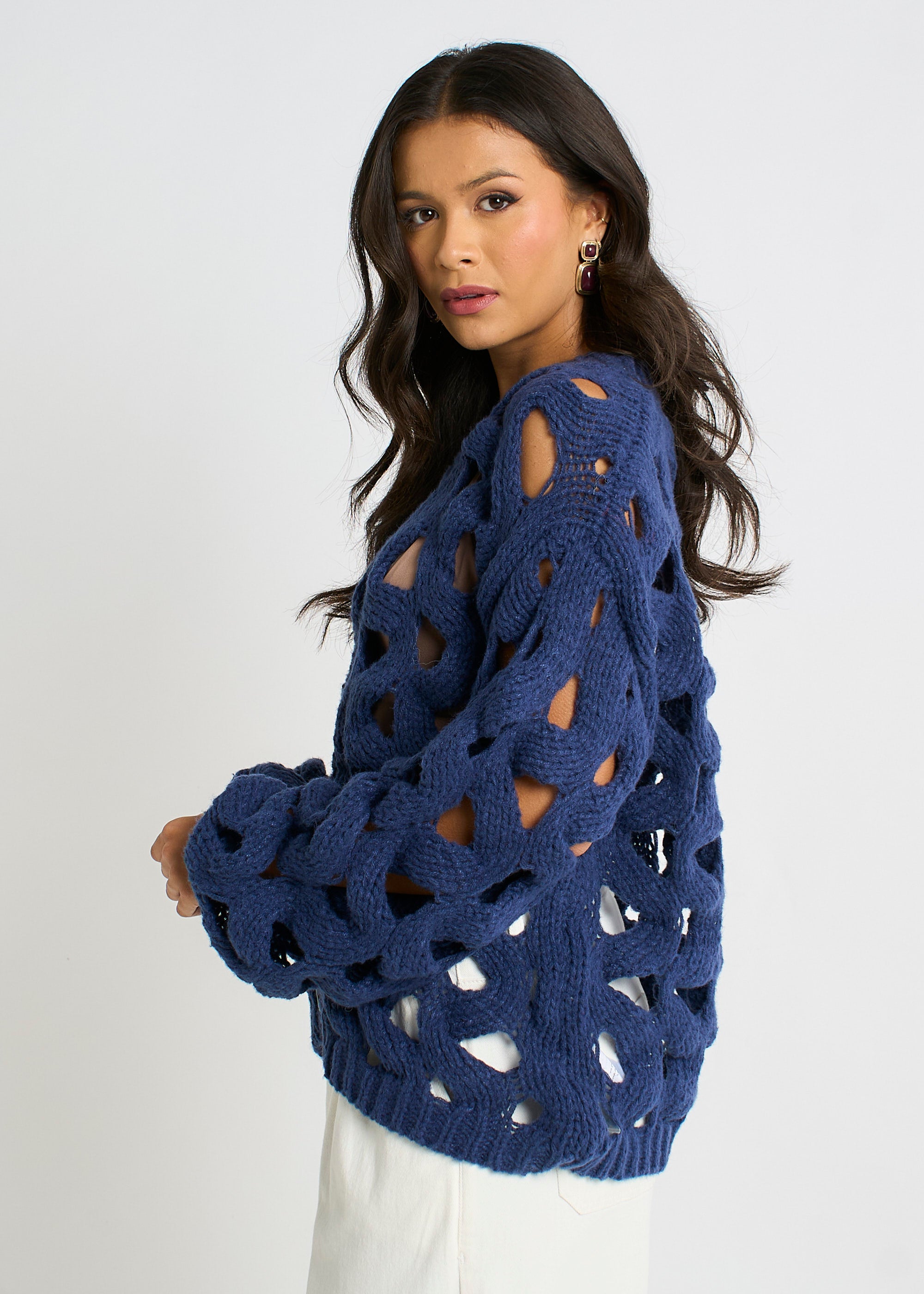 Navy Hollow Chunky Knit Cardigan