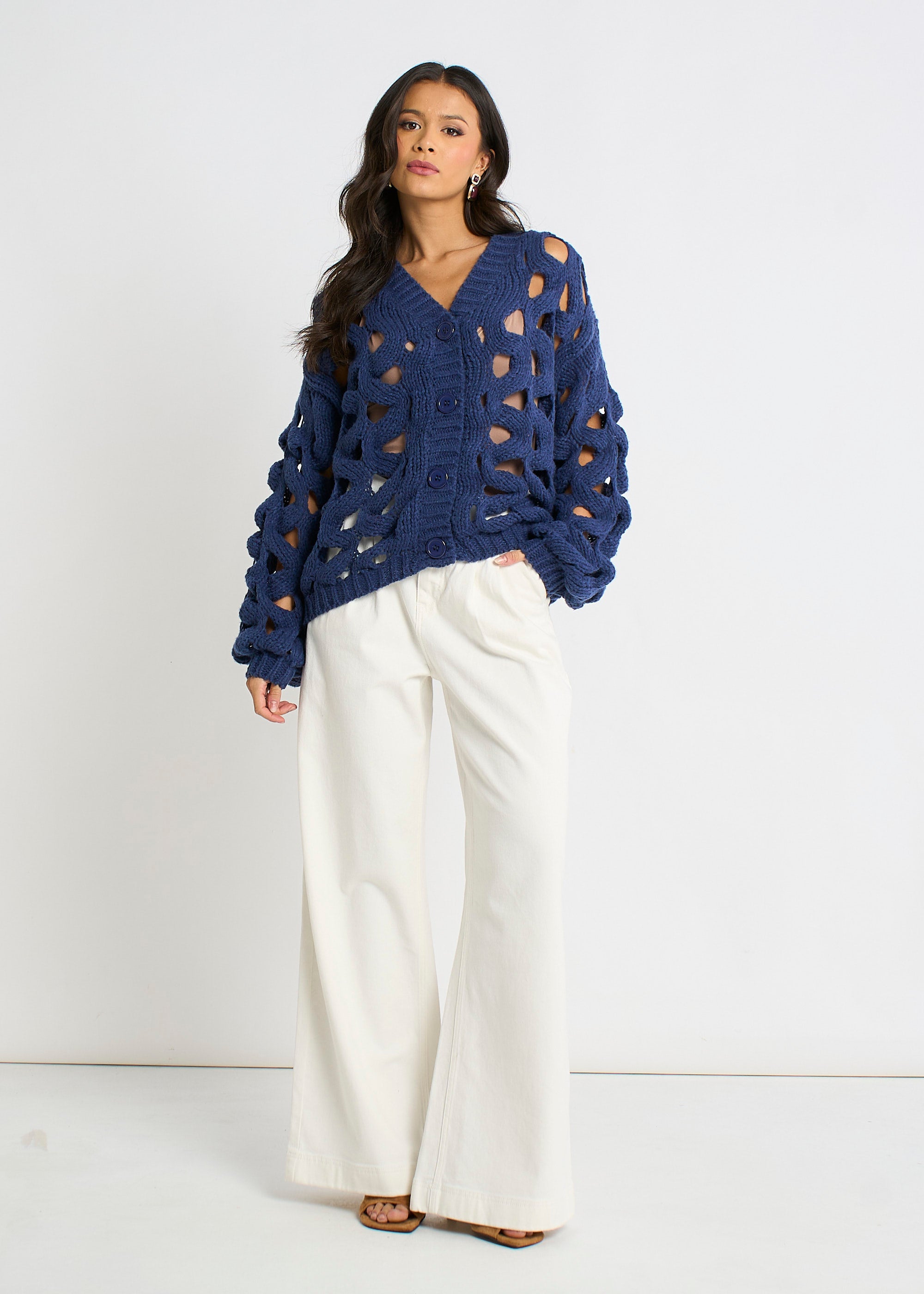 Navy Hollow Chunky Knit Cardigan