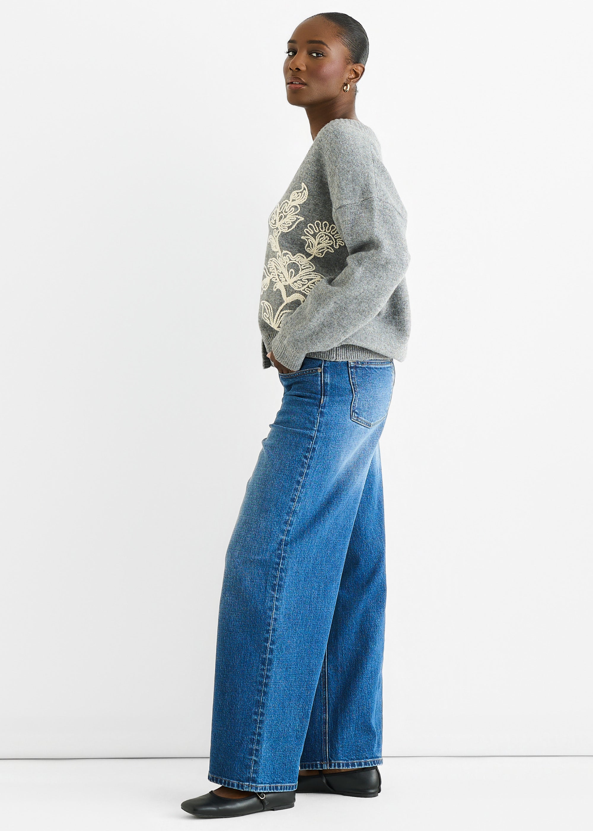 Grey Floral Appliqué Wool Mix Cardigan