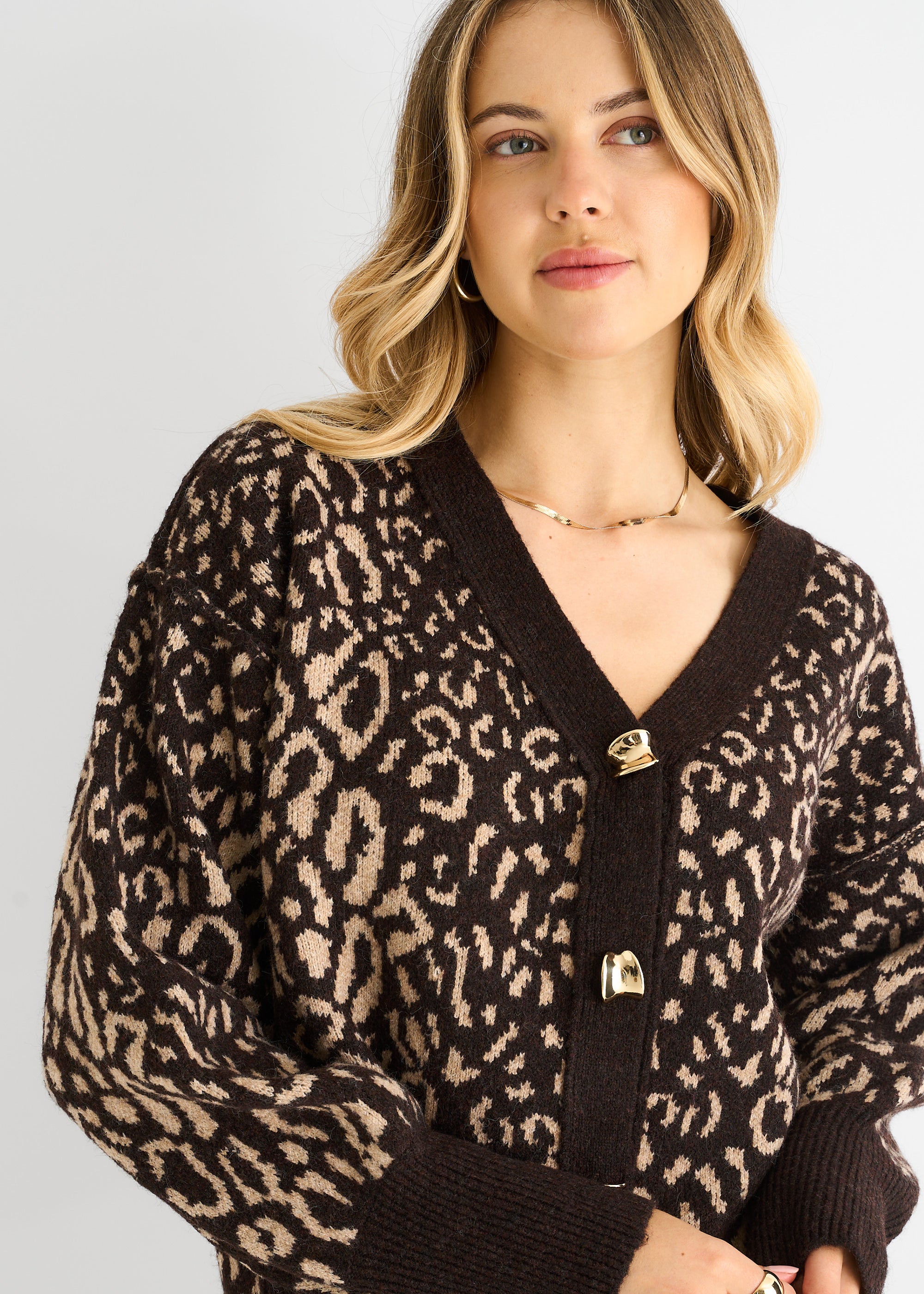 Chocolate Animal Print Wool Mix Cardigan Look Jumper