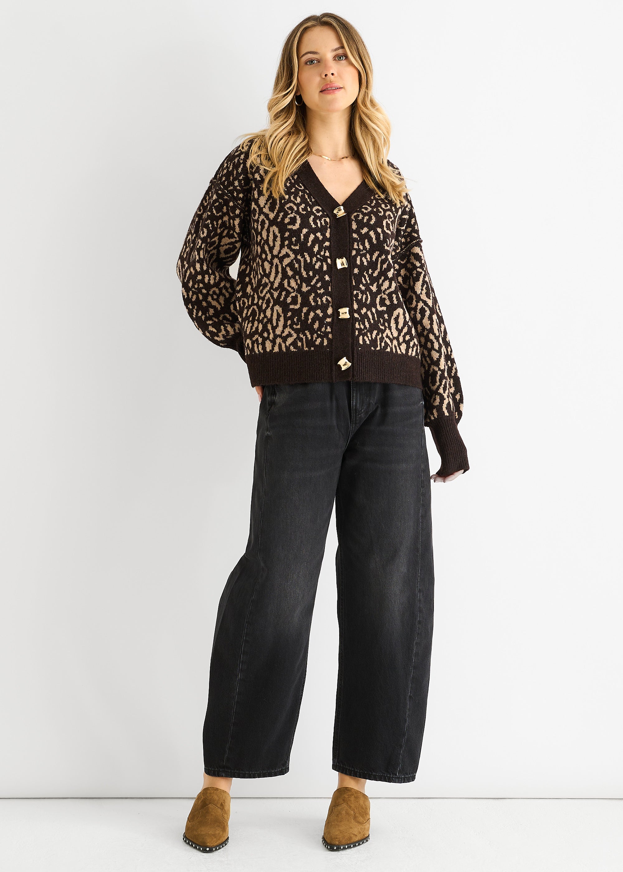 Chocolate Animal Print Wool Mix Cardigan Look Jumper