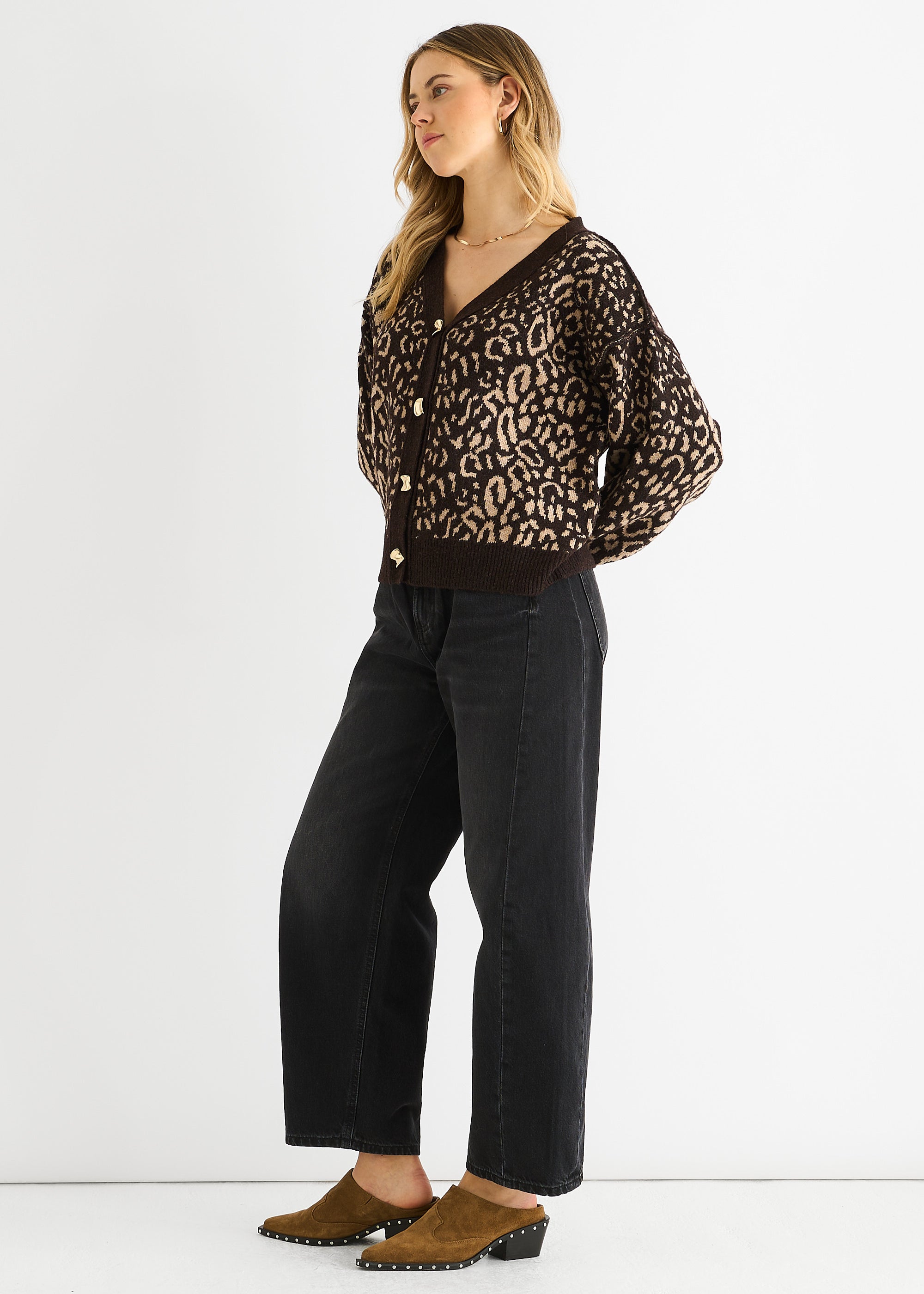 Chocolate Animal Print Wool Mix Cardigan Look Jumper