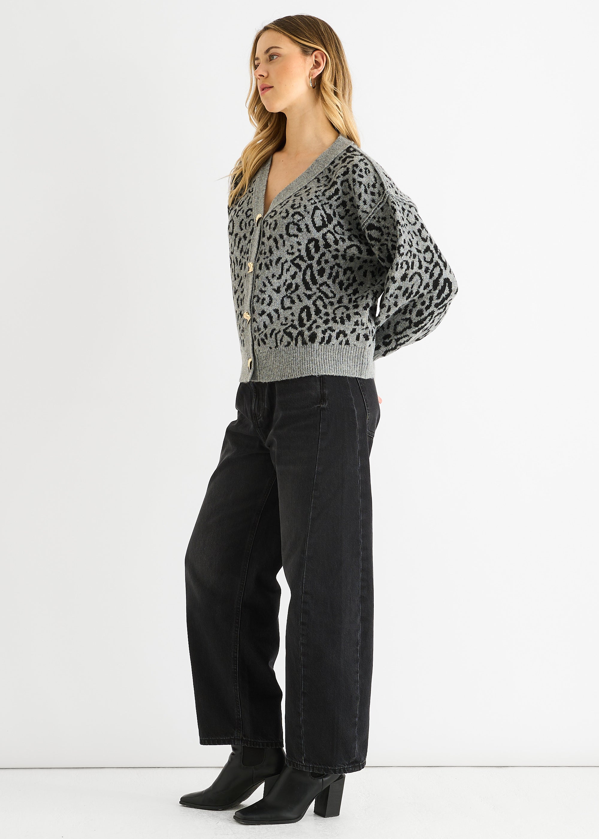 Grey Animal Print Wool Mix Cardigan Look Jumper