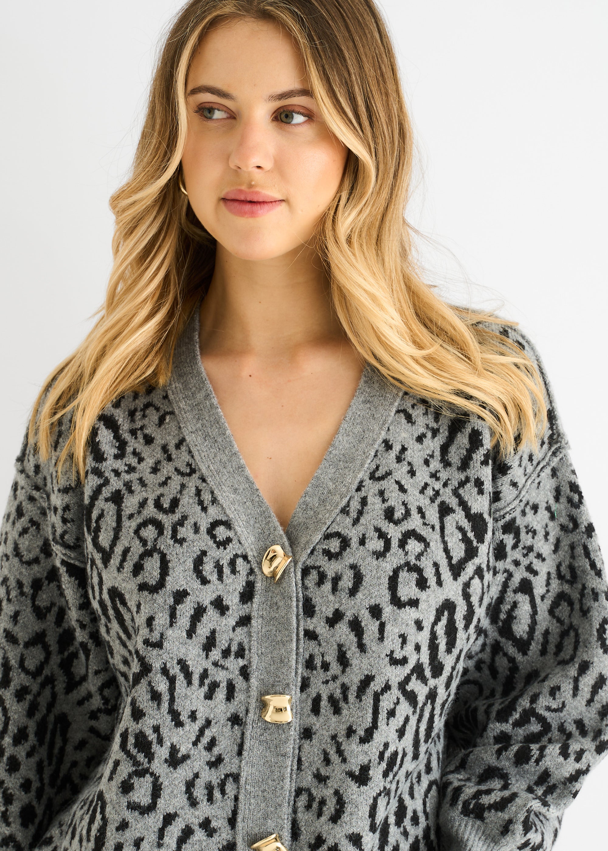 Grey Animal Print Wool Mix Cardigan Look Jumper