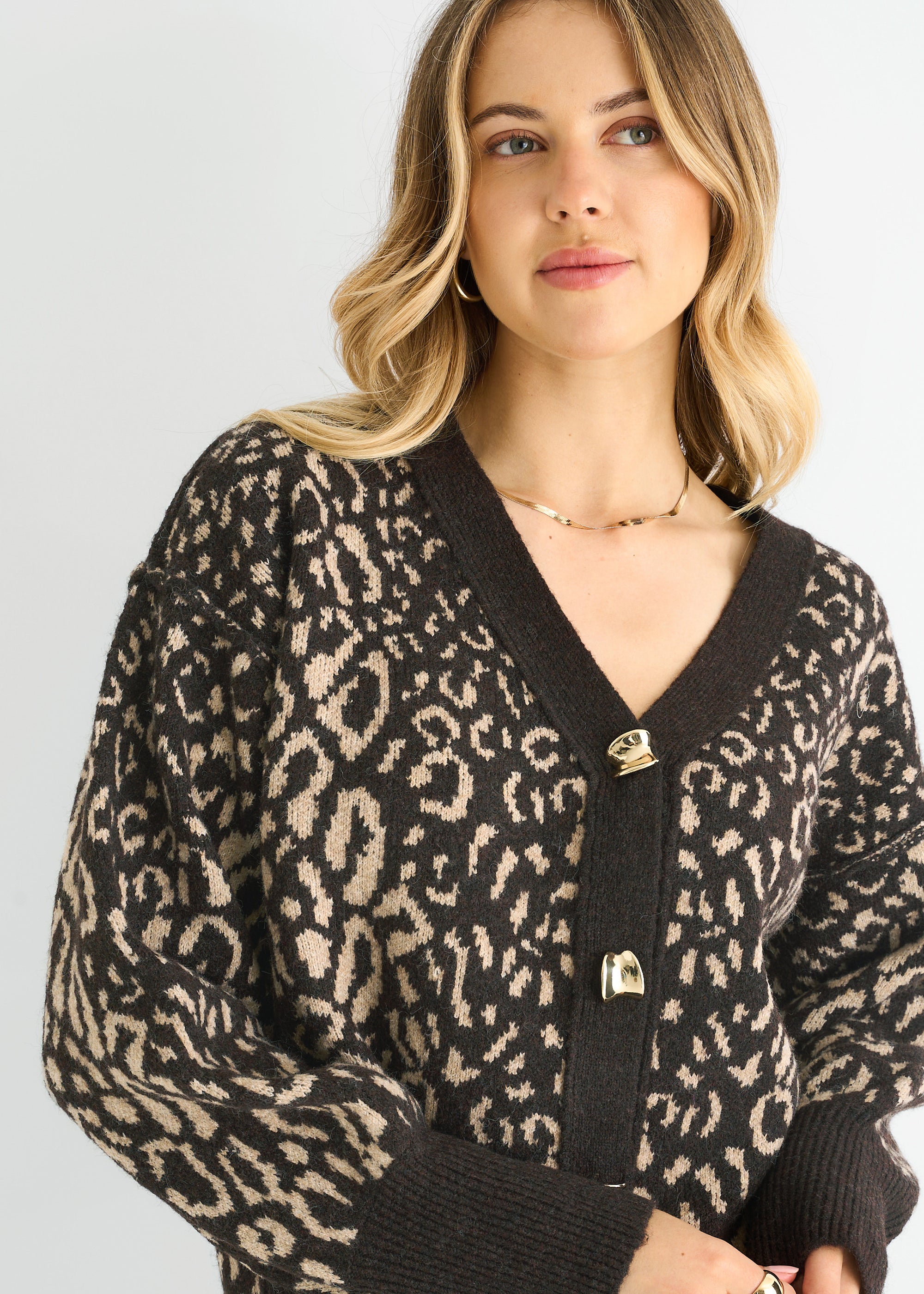 Chocolate Animal Print Wool Mix Cardigan Look Jumper