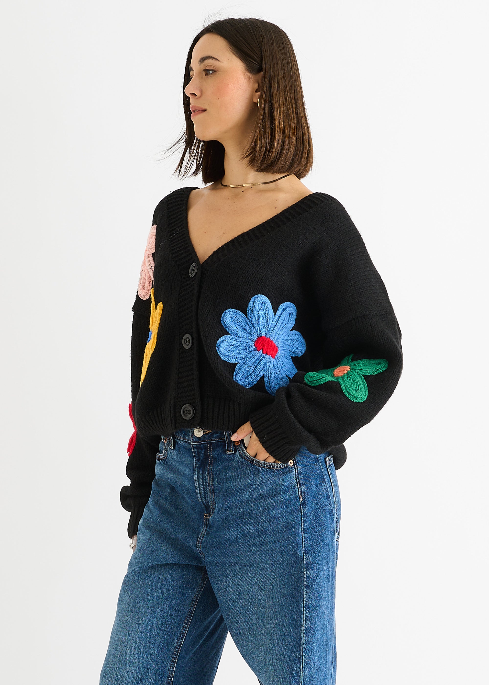 Black Floral Knit Long Sleeves Cardigan