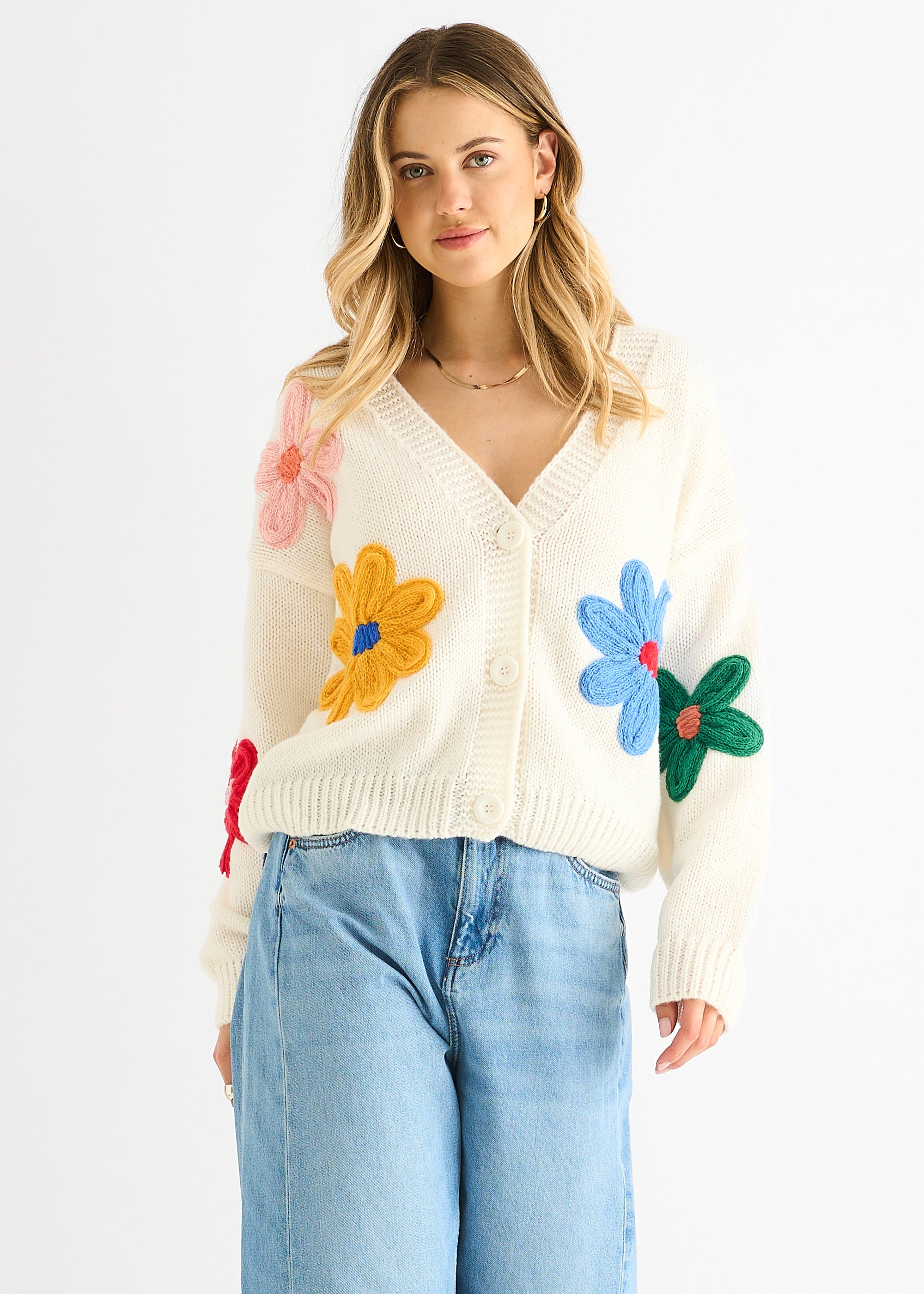 Cream Floral Knit Long Sleeves Cardigan