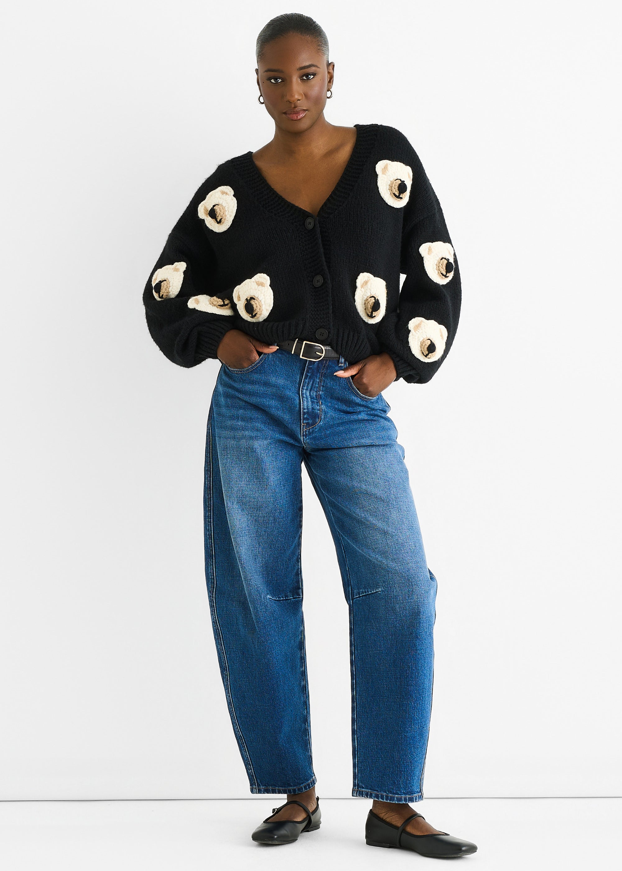 Black 3D Contrast Teddy Crochet Cardigan
