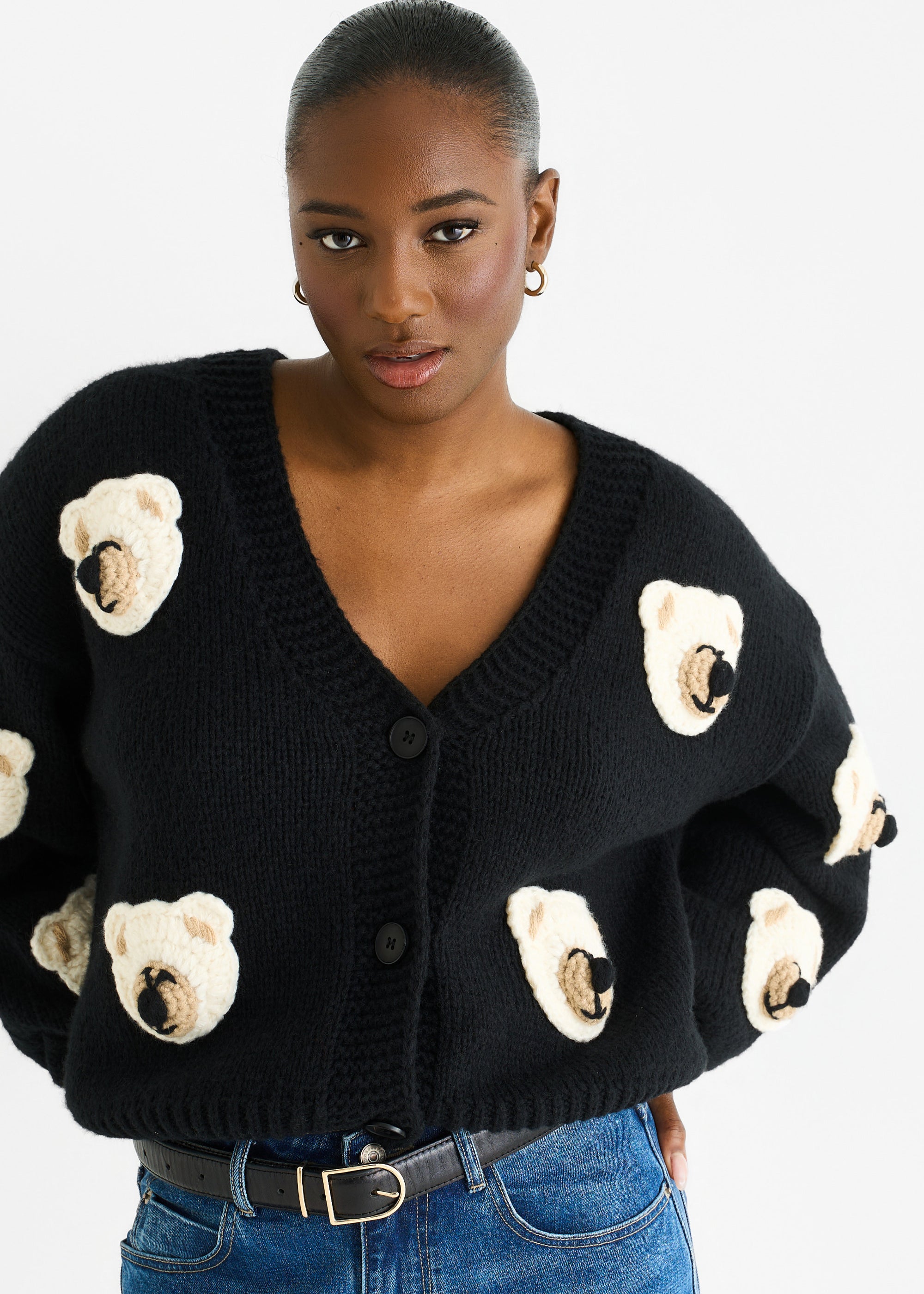 Black 3D Contrast Teddy Crochet Cardigan