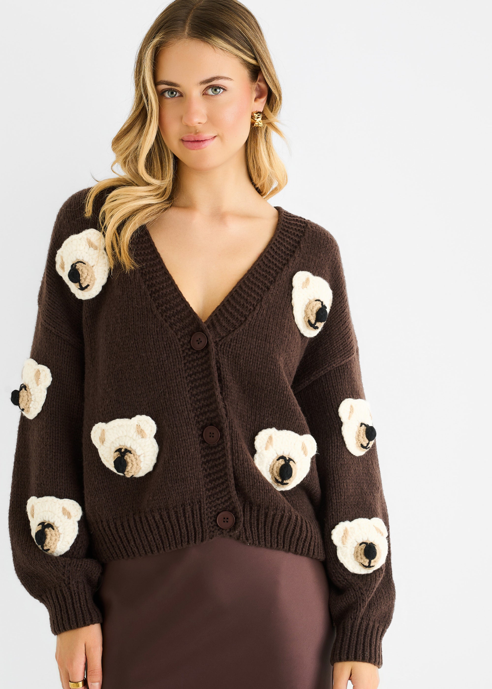Chocolate 3D Contrast Teddy Crochet Cardigan