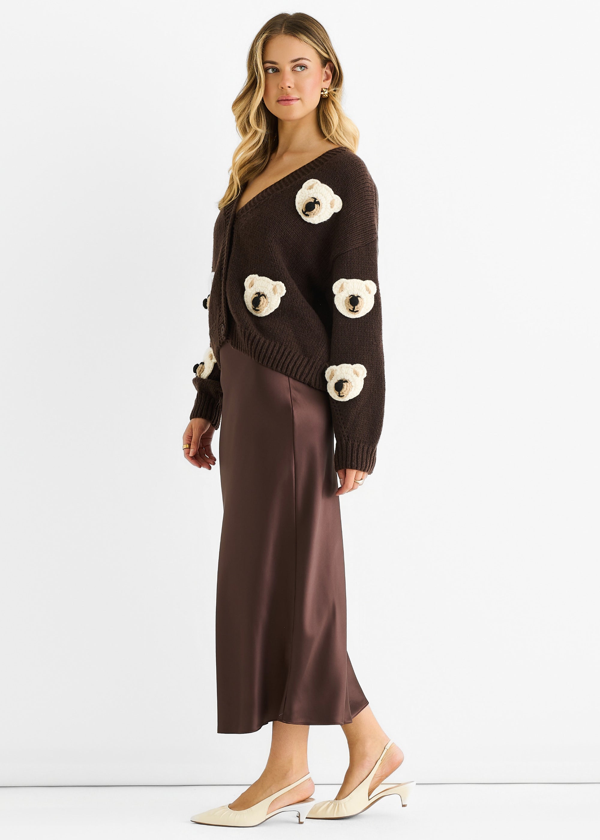 Chocolate 3D Contrast Teddy Crochet Cardigan