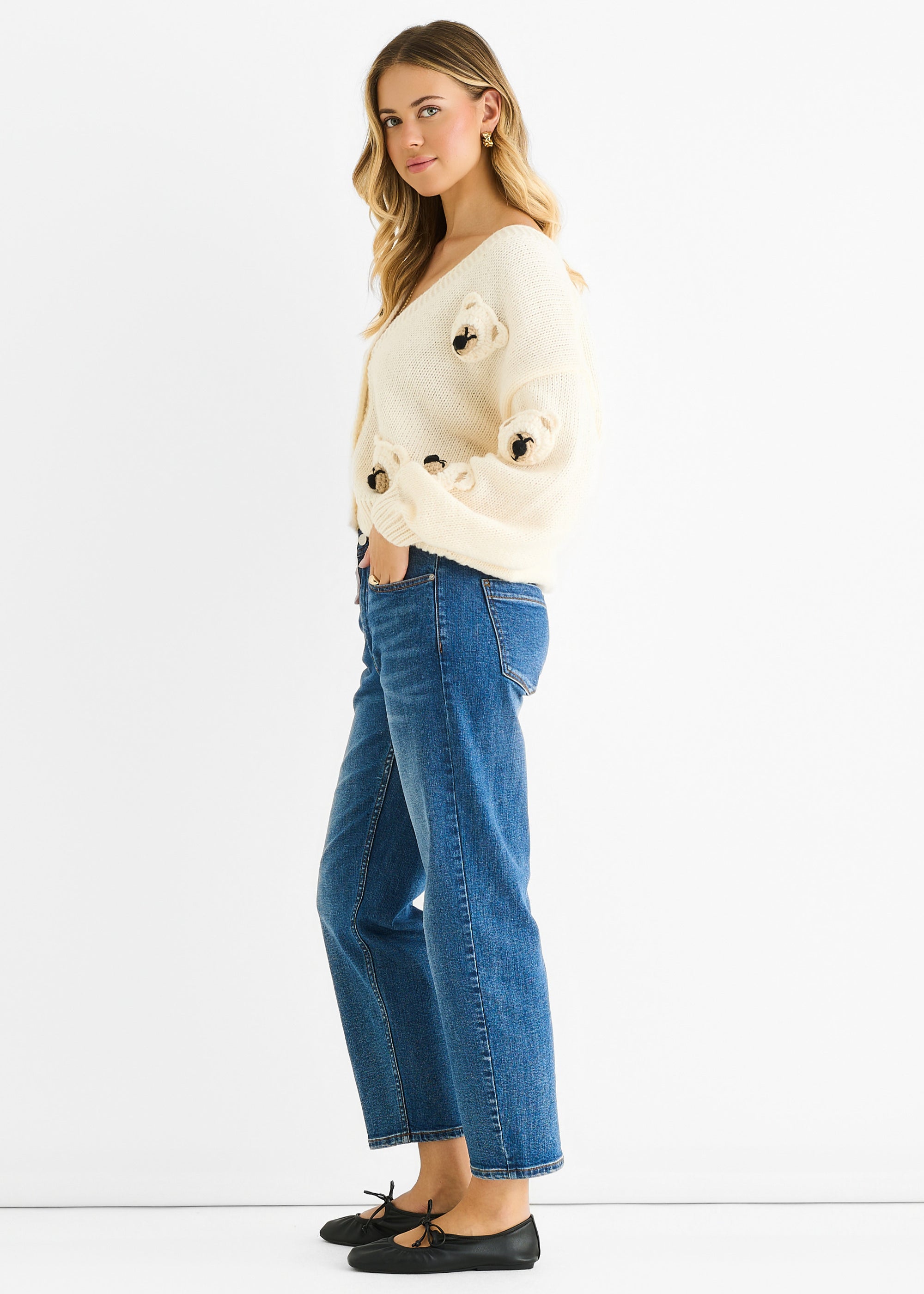 Cream 3D Contrast Teddy Crochet Cardigan