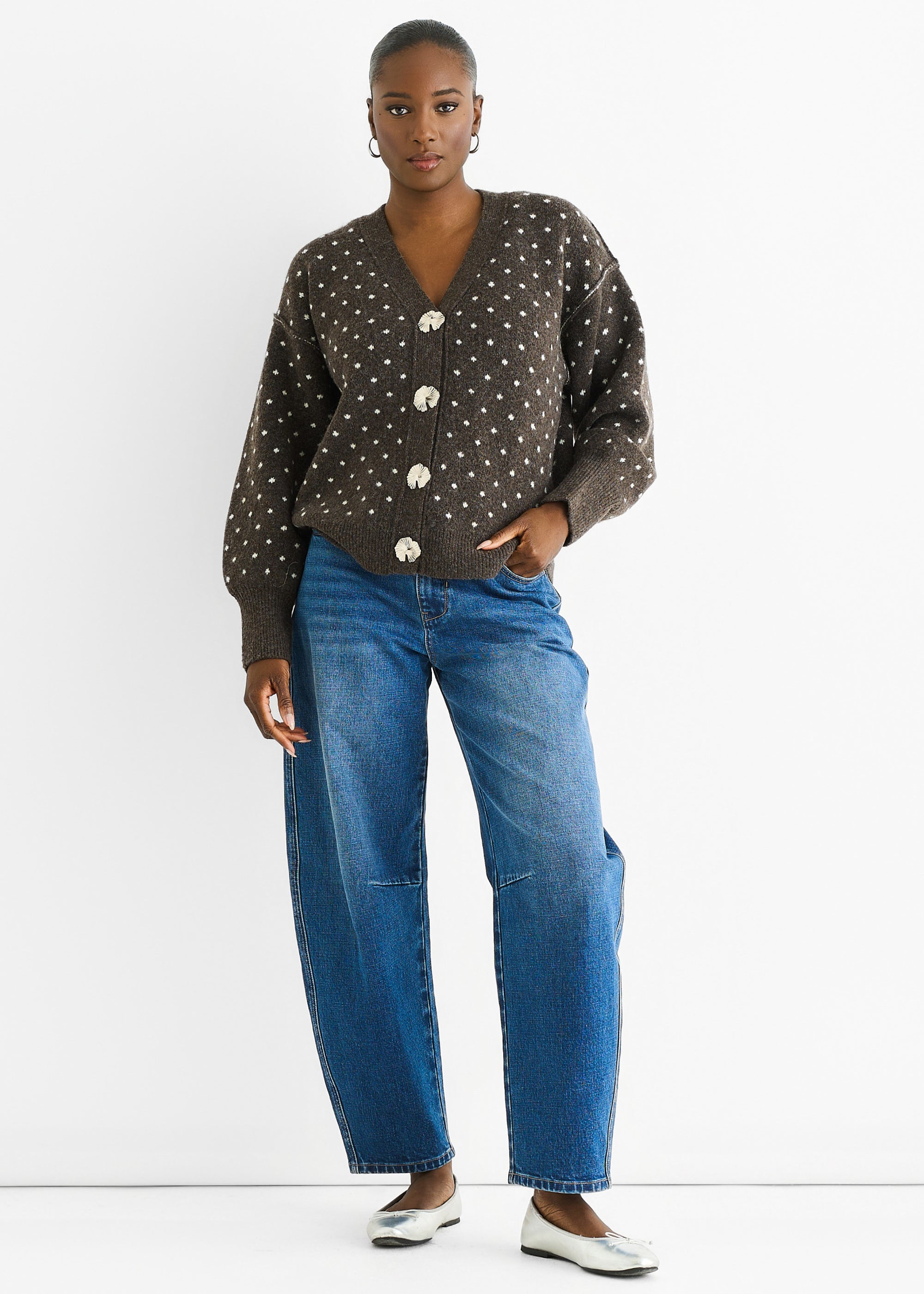 Chocolate Spot Print Button Cardigan Look Jumper