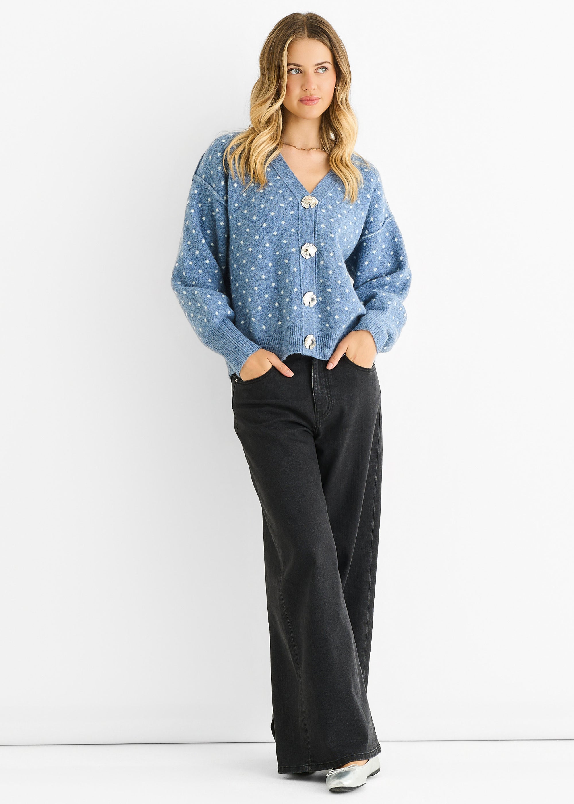 Denim Spot Print Button Cardigan Look Jumper