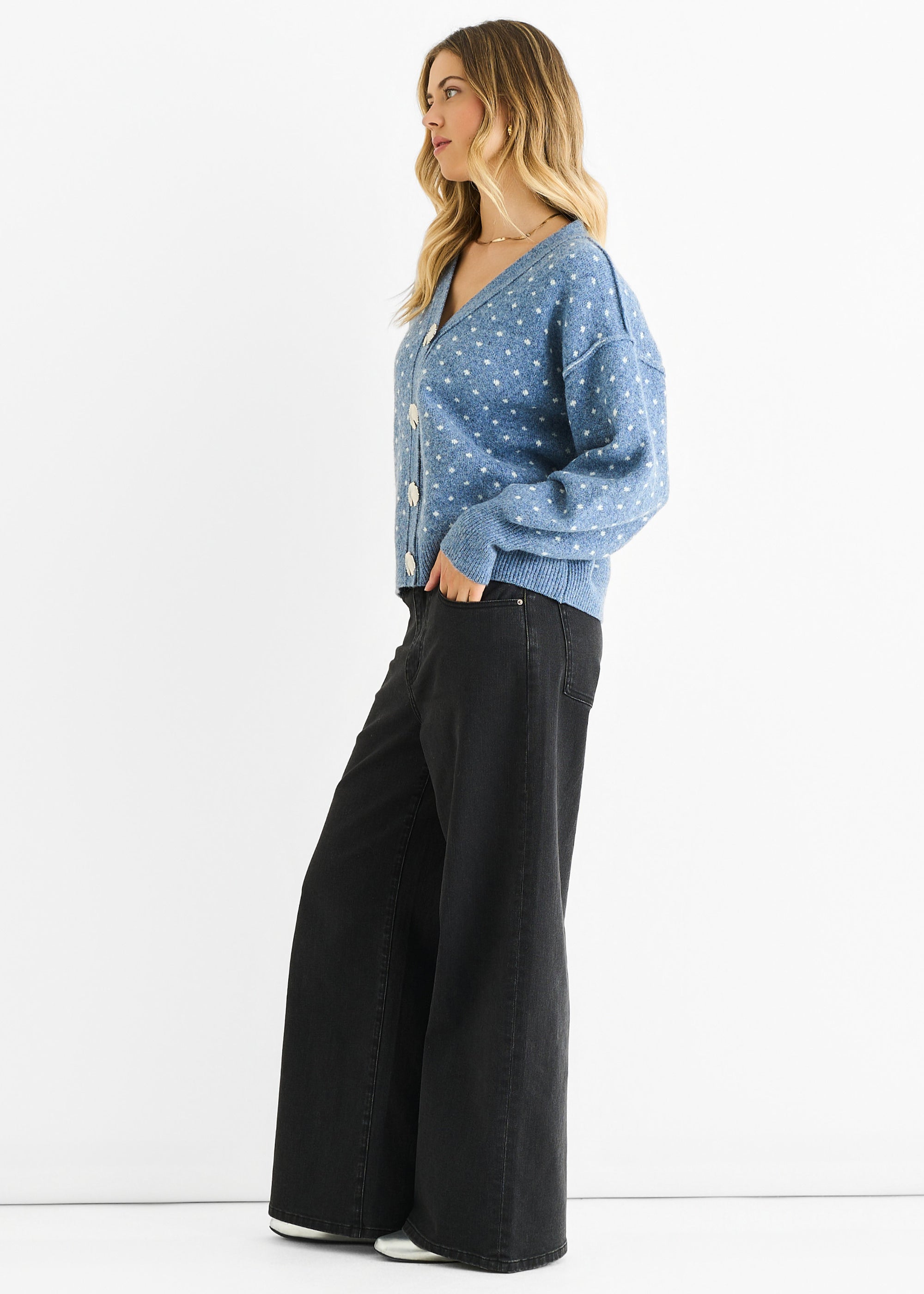 Denim Spot Print Button Cardigan Look Jumper