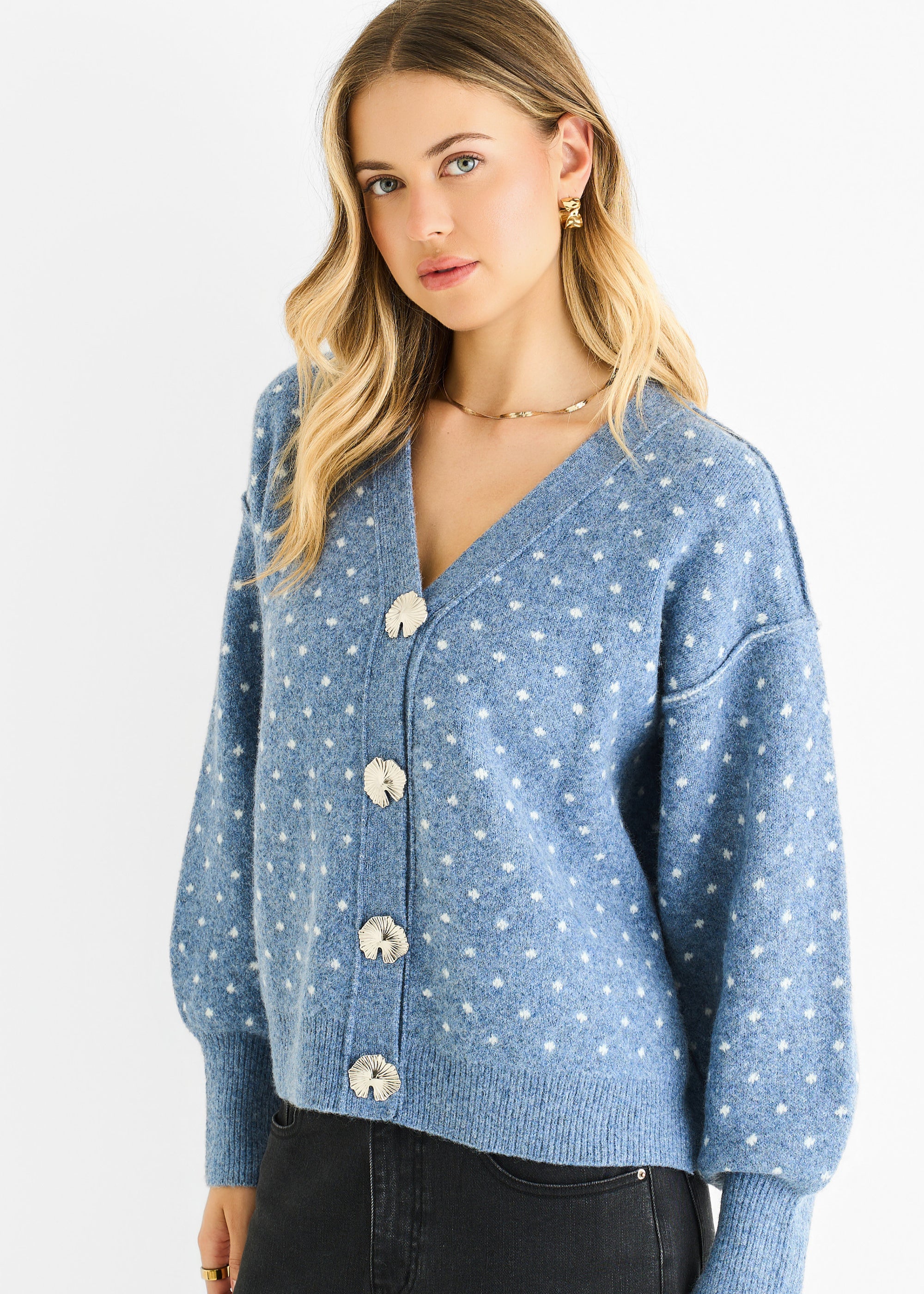 Denim Spot Print Button Cardigan Look Jumper