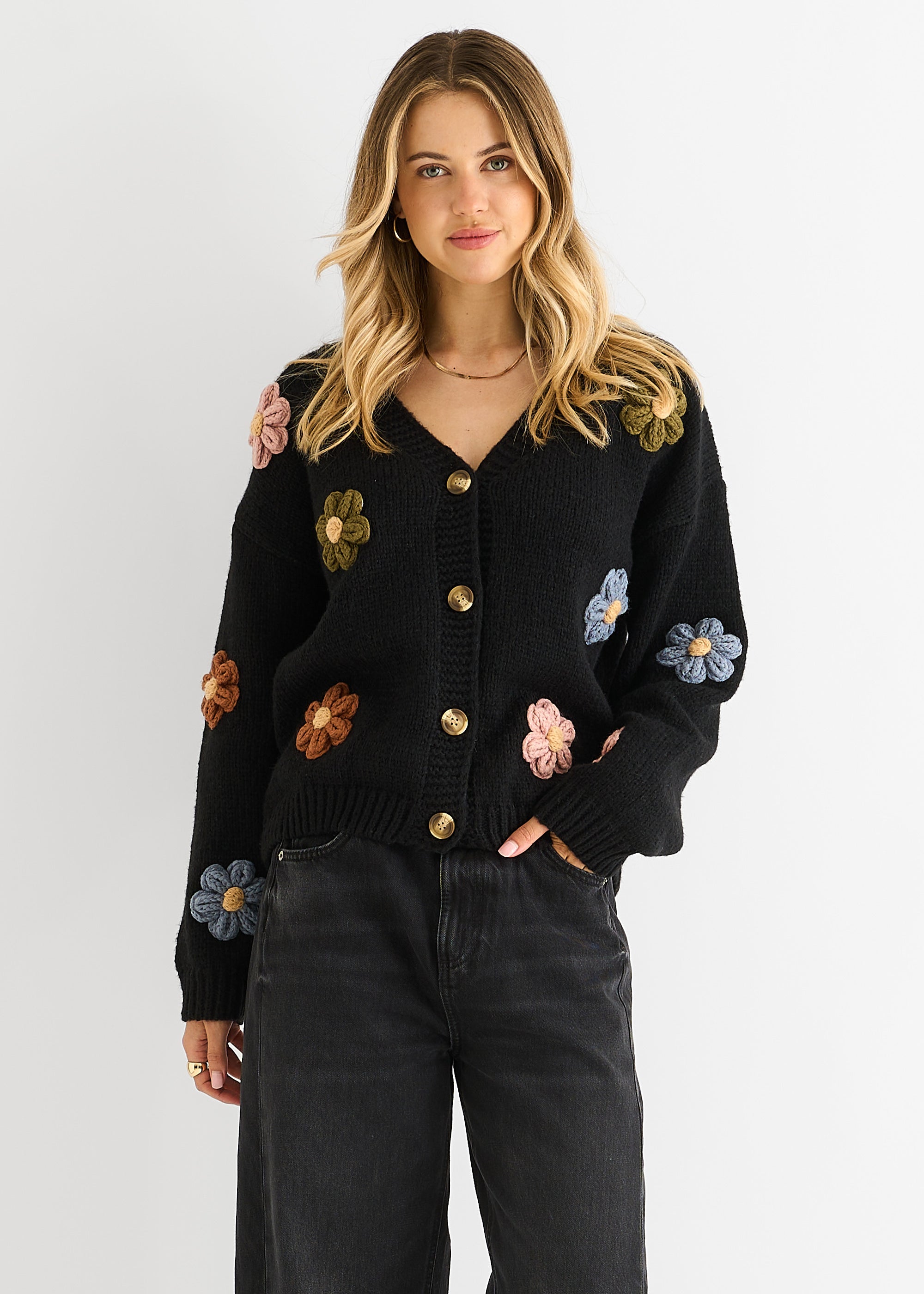 Black 3D Contrast Flower Crochet Cardigan