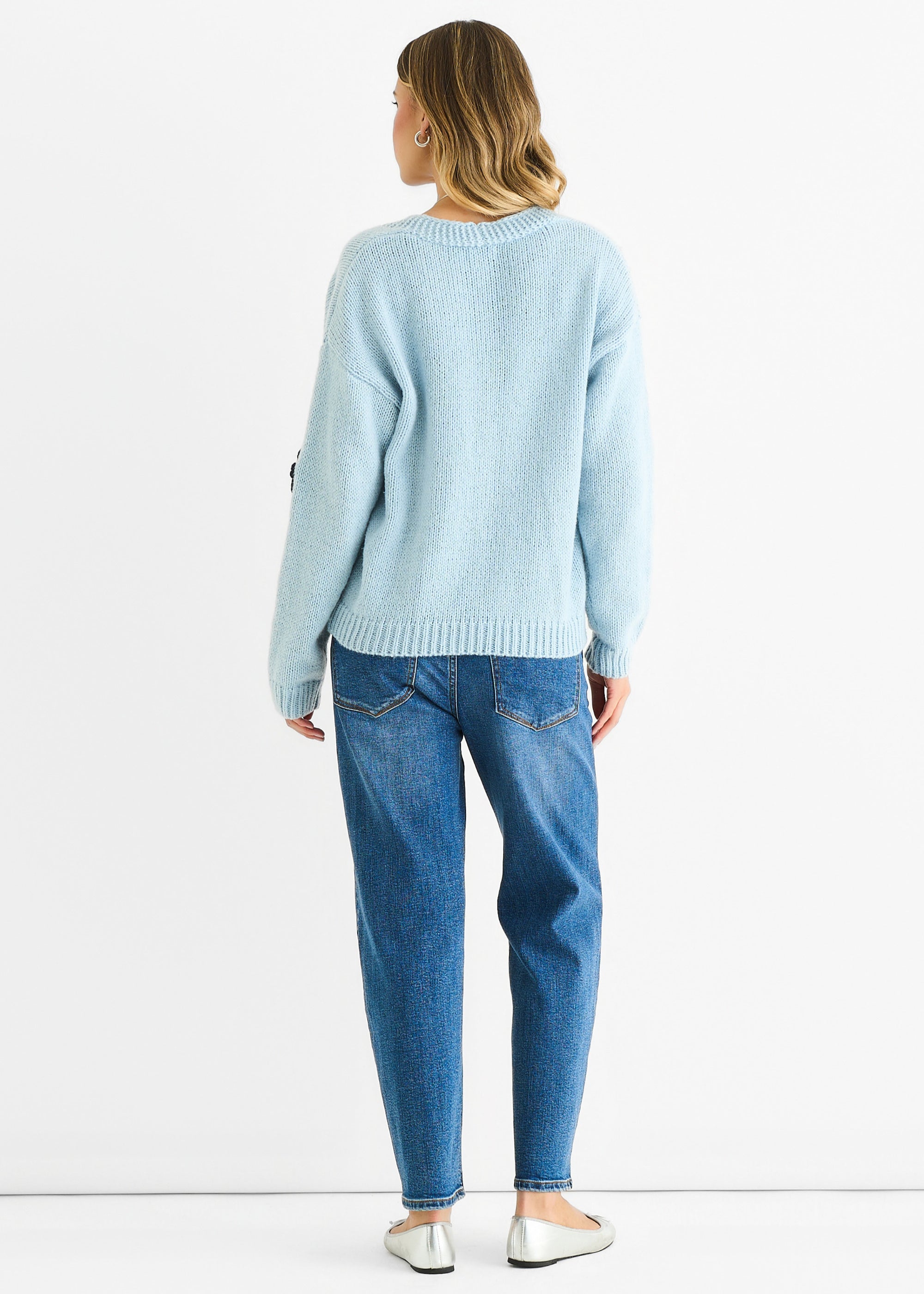 Blue 3D Contrast Flower Crochet Cardigan