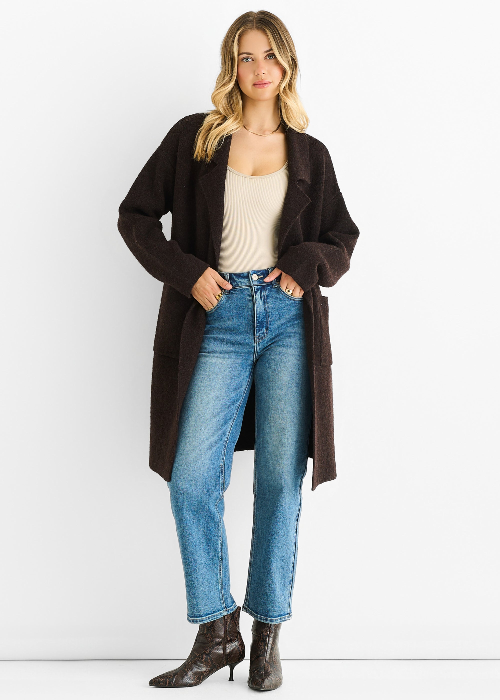 Chocolate Wool Mix Longline Edge to Edge Cardigan