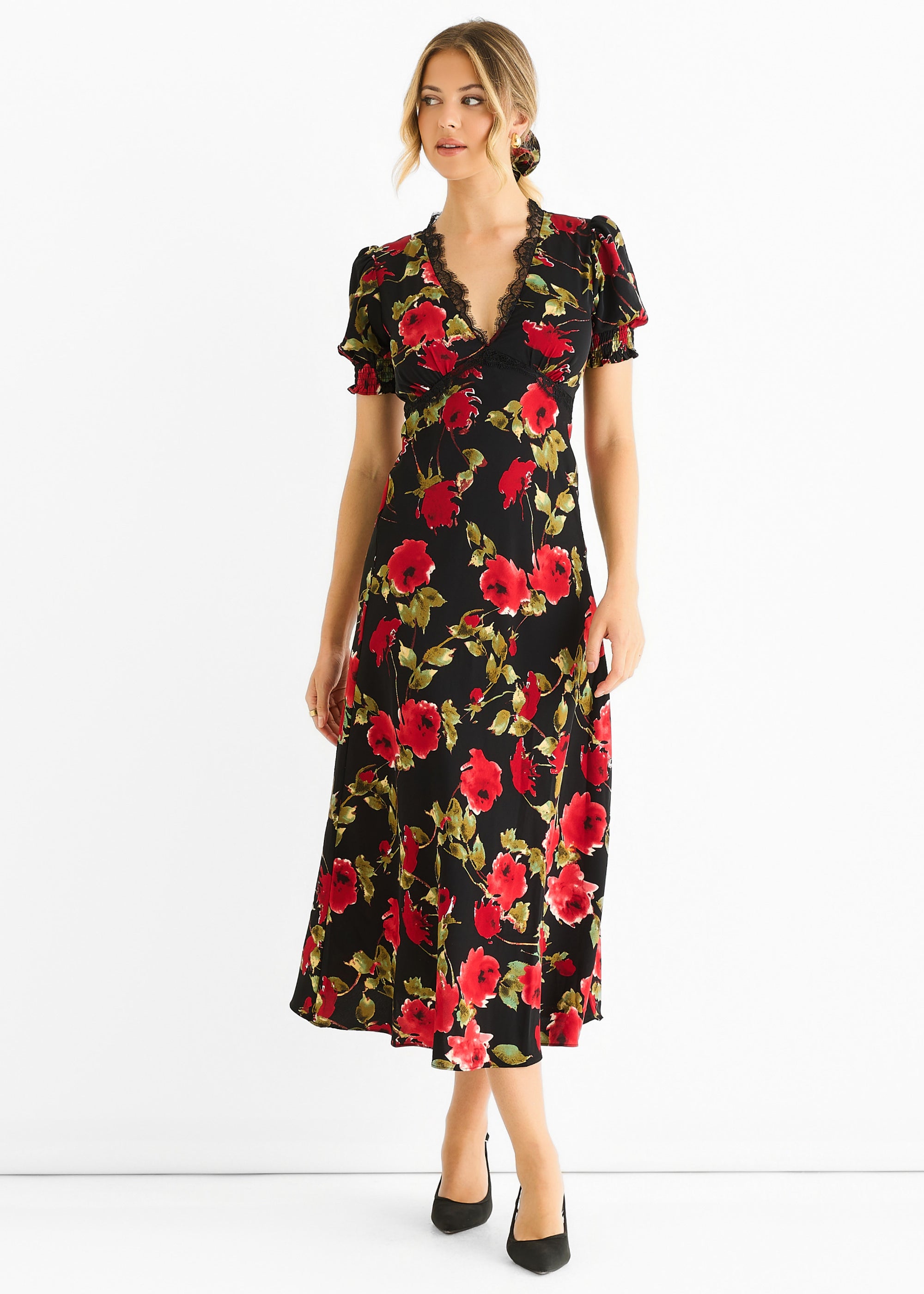 Black Floral Lace Trim Detail Midi Dress