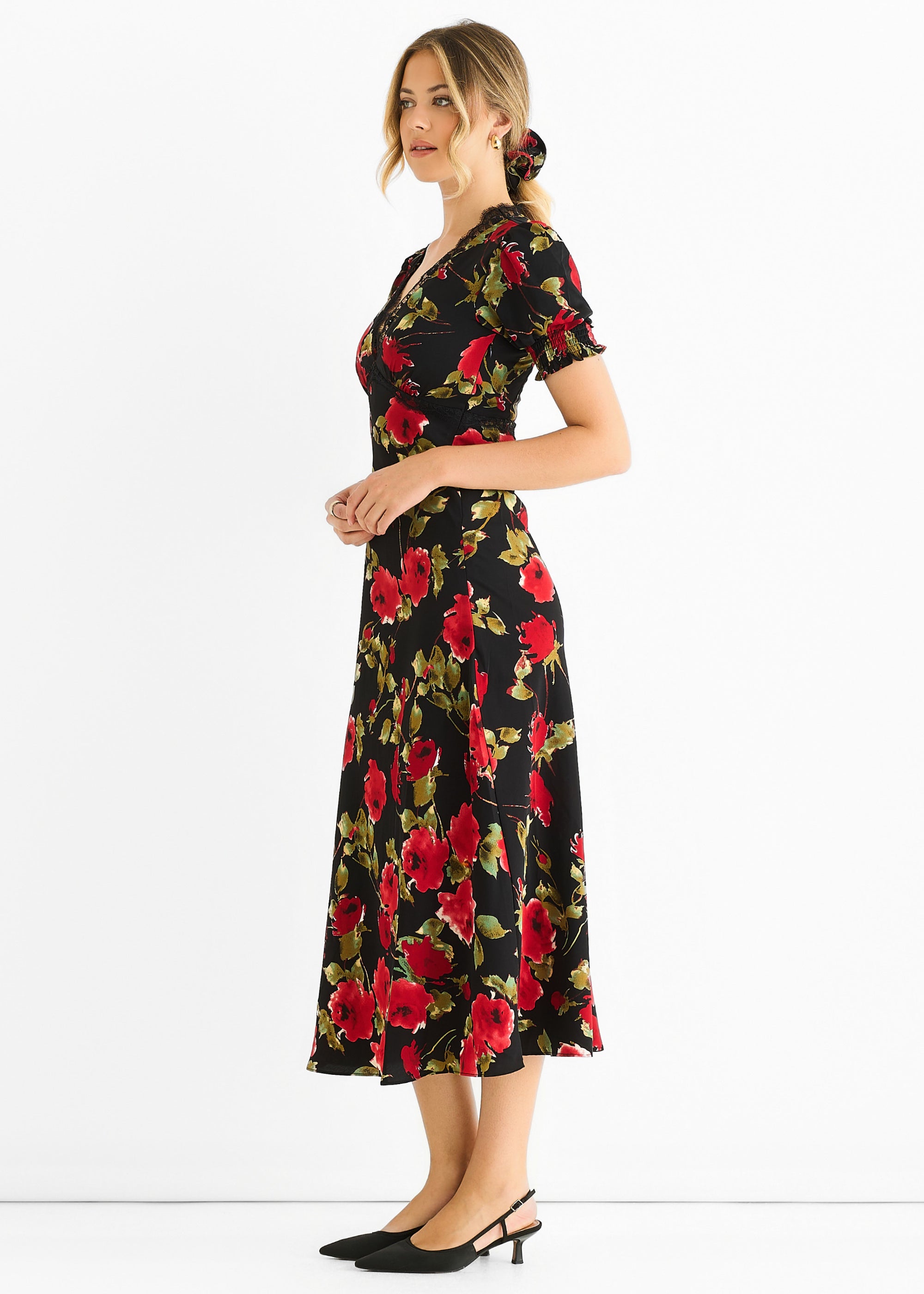Black Floral Lace Trim Detail Midi Dress