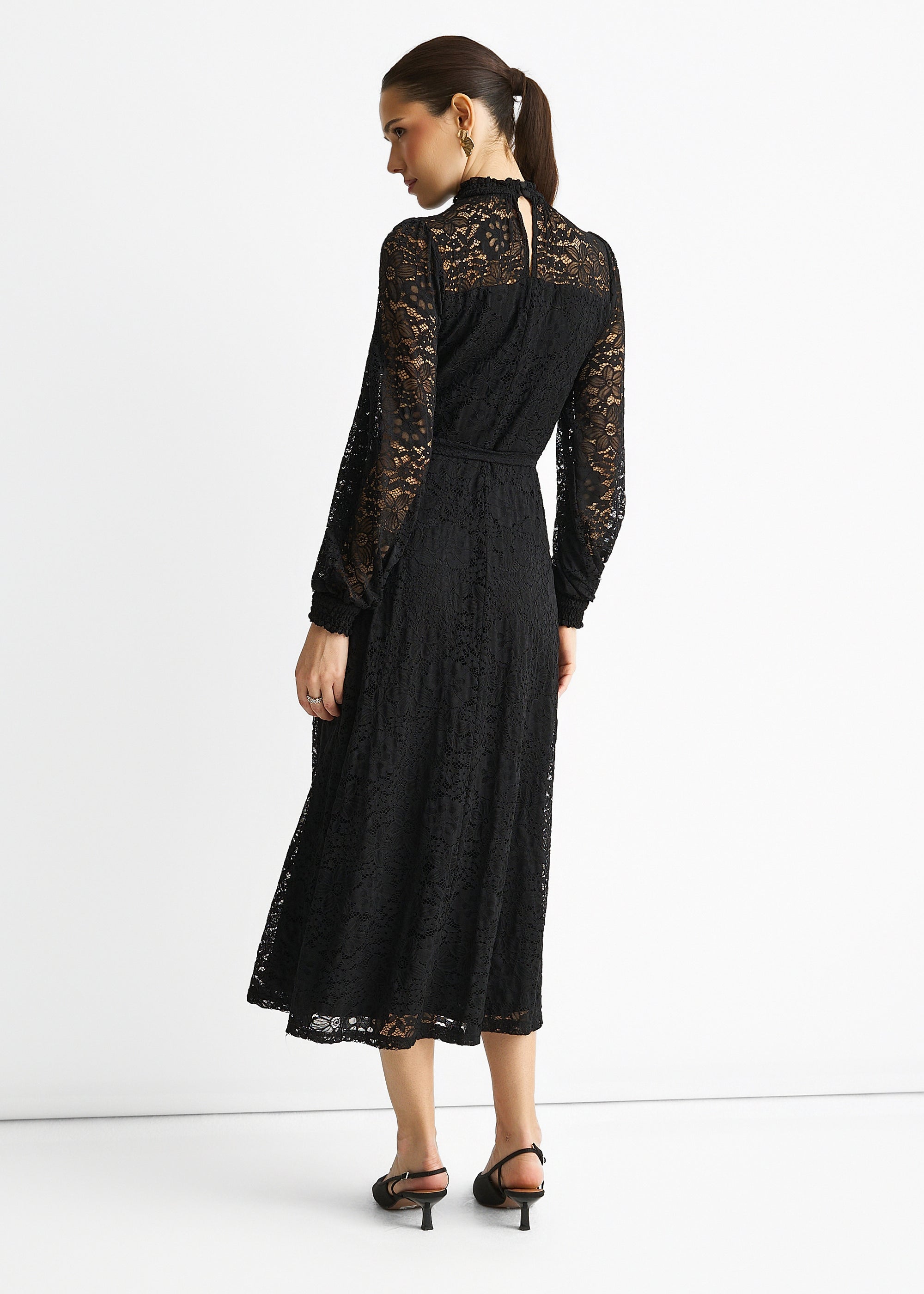 Black High Neck Jersey Lace Occasion Midi Dress