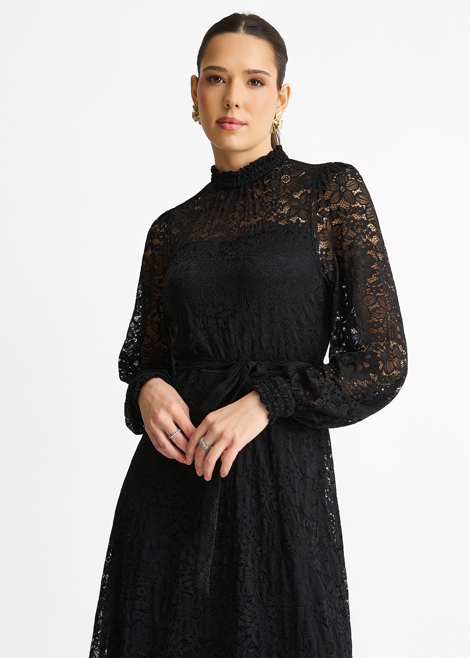 Black High Neck Jersey Lace Occasion Midi Dress