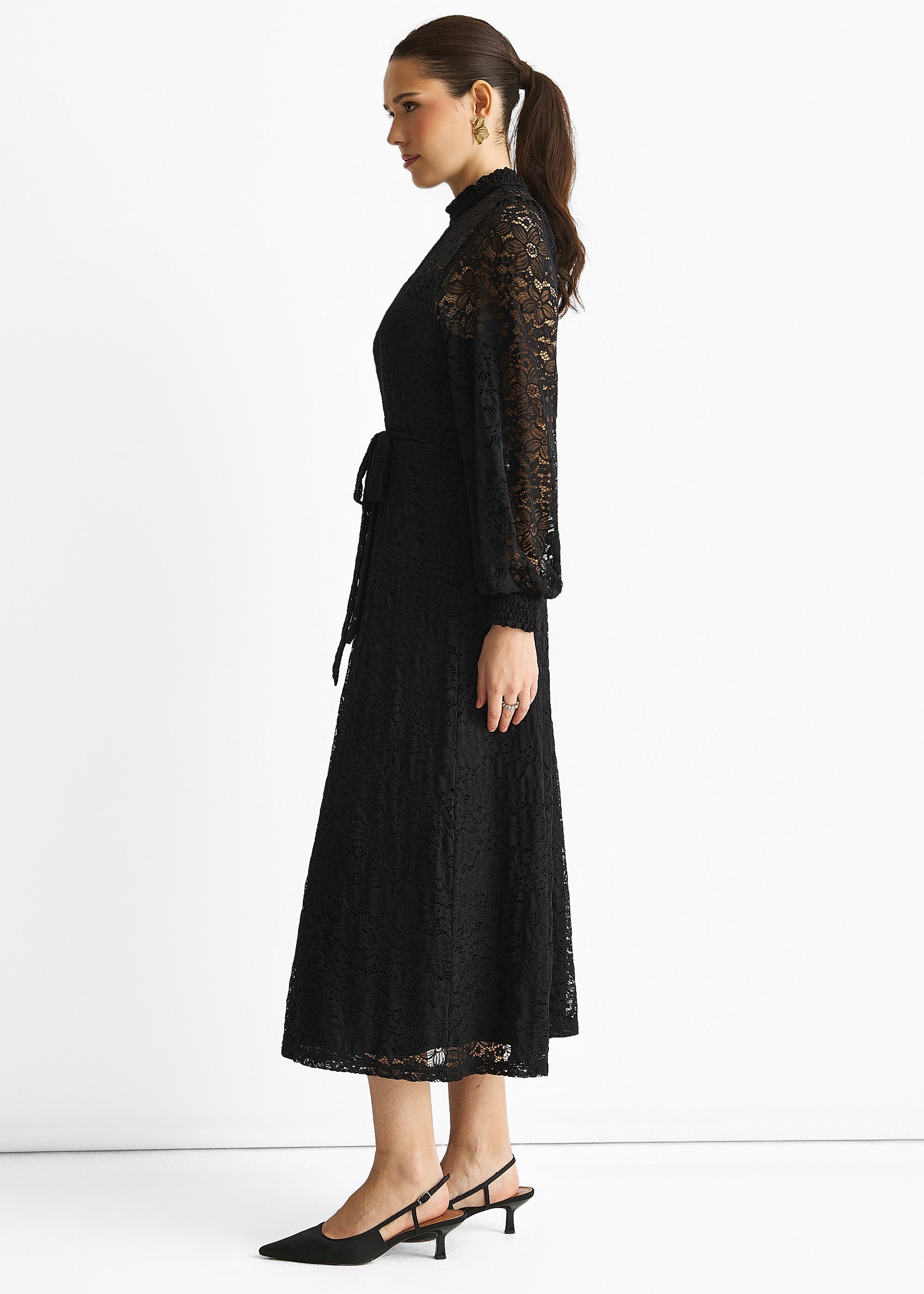 Black High Neck Jersey Lace Occasion Midi Dress